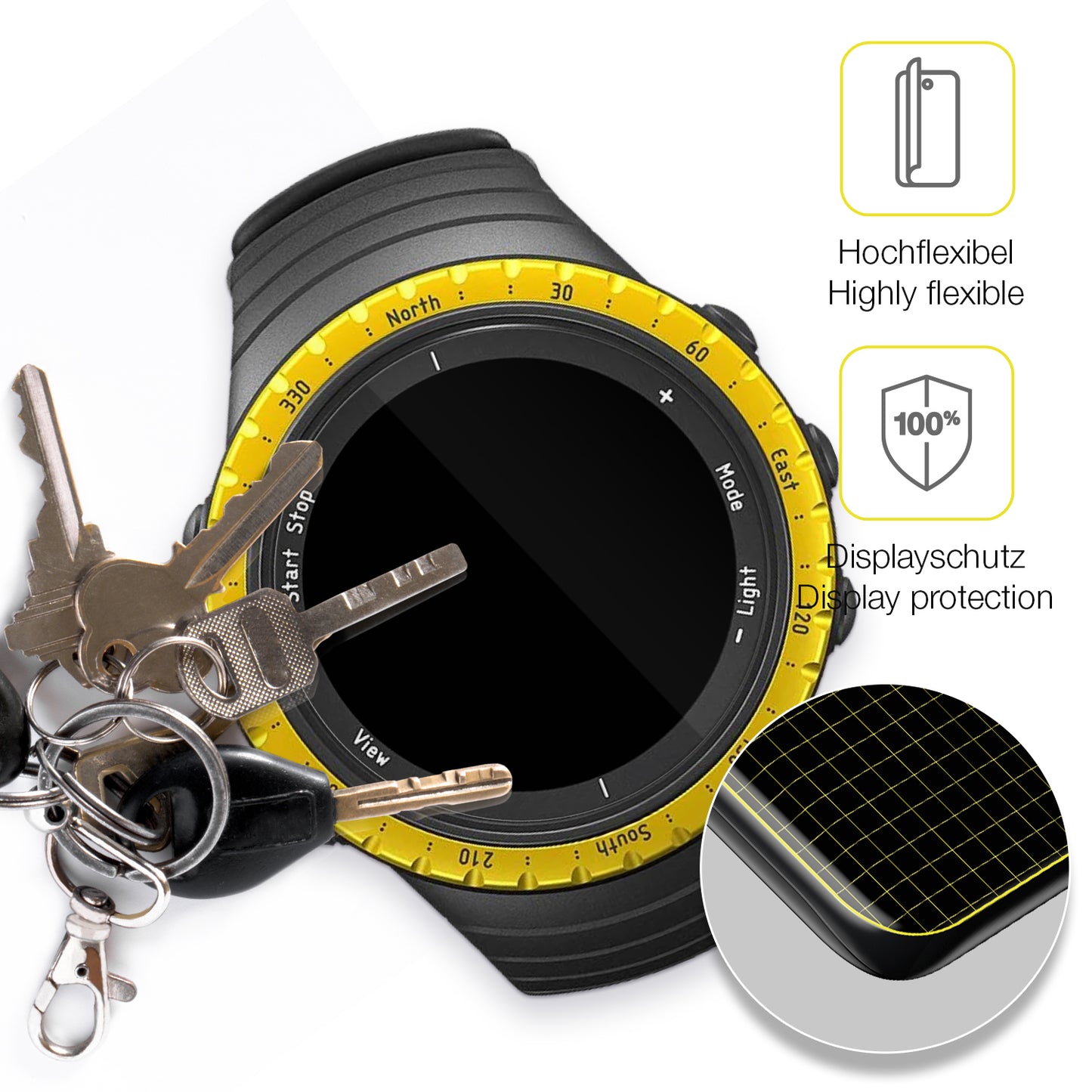 dipos Displayschutz für Suunto Core Black Yellow, transparente Oberfläche, geringe Dicke und perfekte Passform