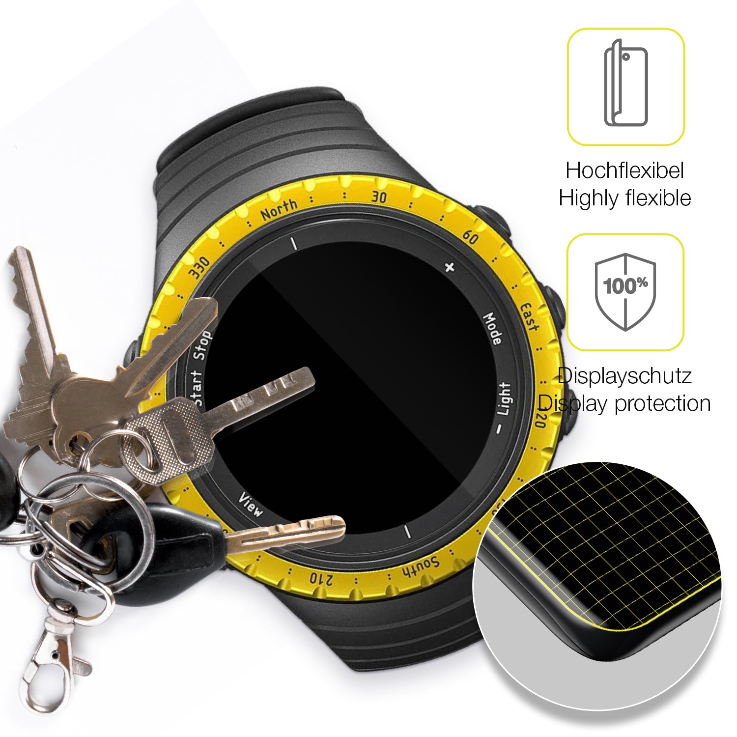 dipos Displayschutz für Suunto Core Black Yellow, transparente Oberfläche, geringe Dicke und perfekte Passform
