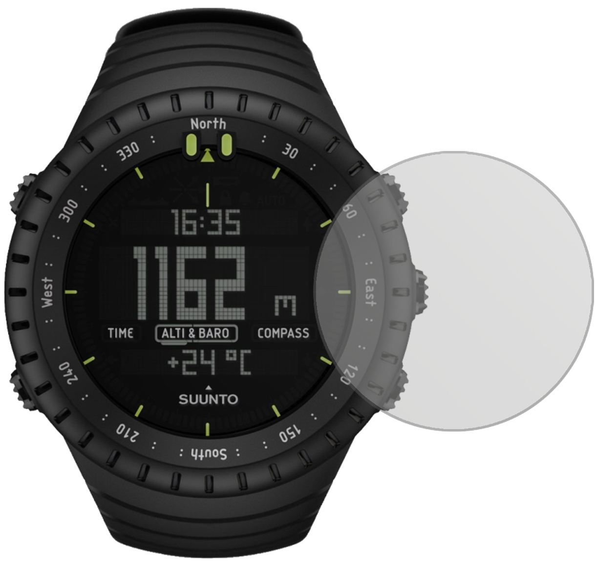 SuuntoCore mit aufgebrachter dipos Displayschutzfolie, die lästige Fingerabdrücke minimiert