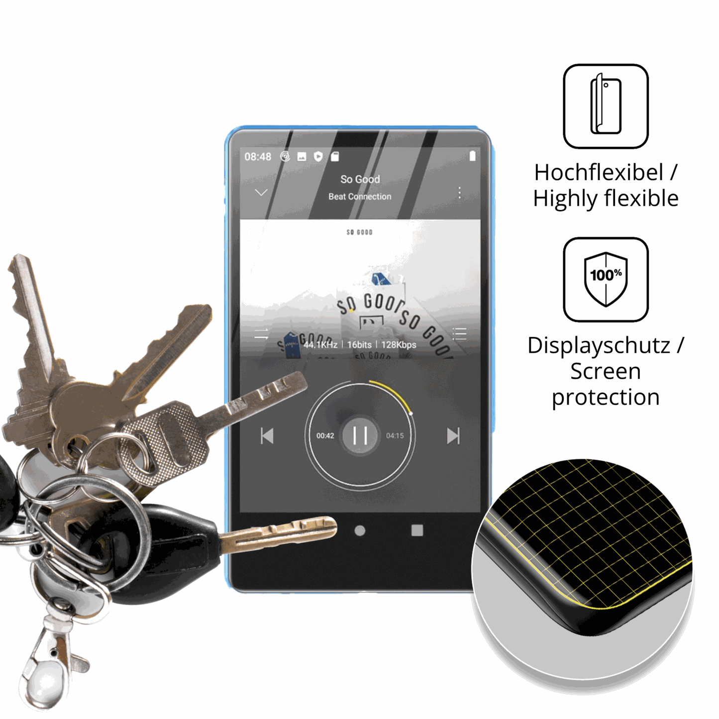 dipos Displayschutz für SWOFY M503 Pro MP3-Player, transparente Oberfläche, perfekte Passform auch für die Rundungen