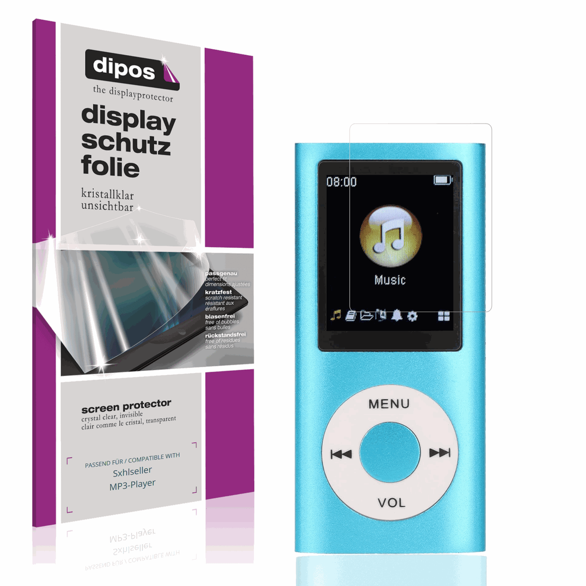 Klare Displayschutzfolie von dipos passend für Sxhlseller MP3-Player, präziser Zuschnitt und blasenfrei montiert