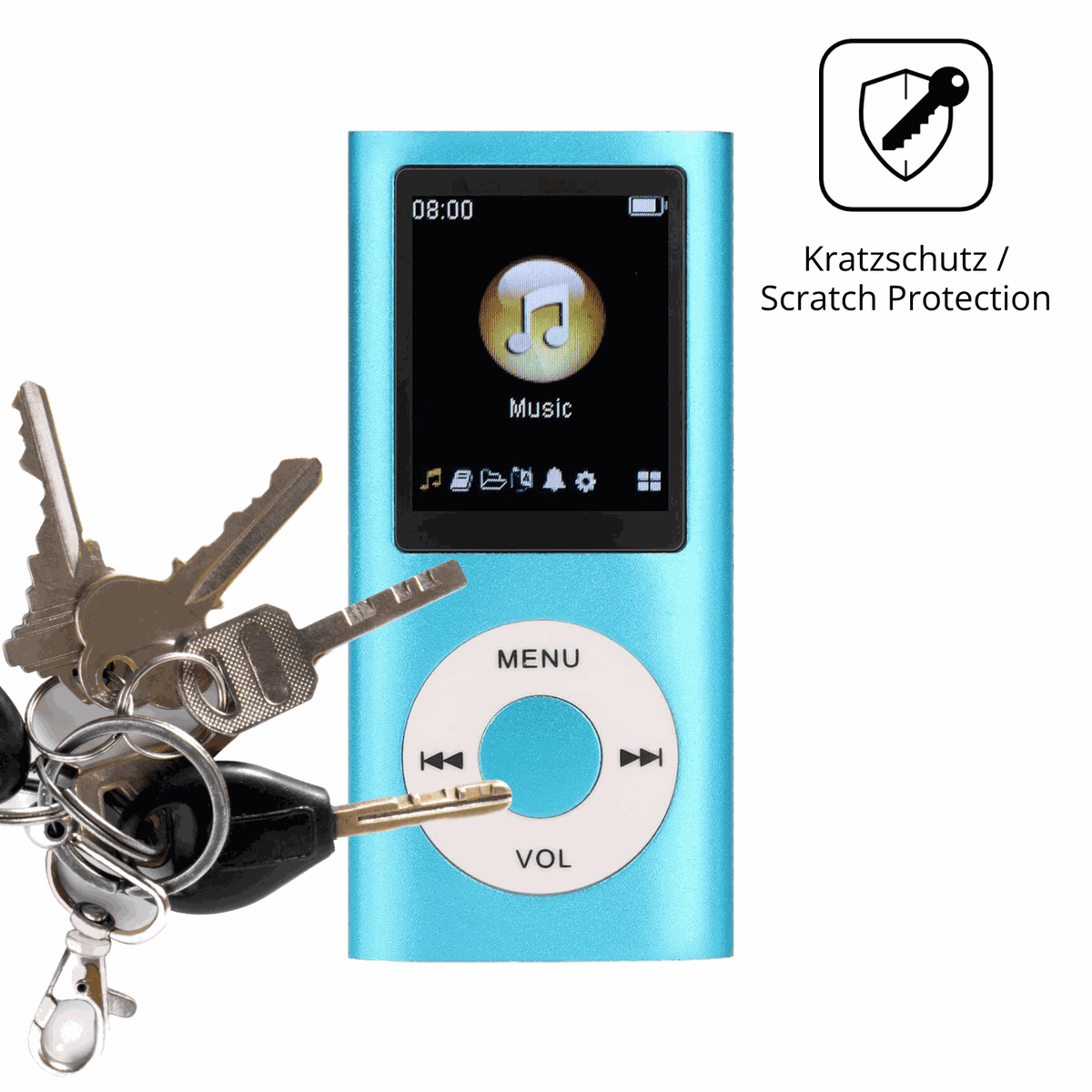 Schutz gegen Kratzer auf dem Sxhlseller MP3-Player Glas durch Schlüssel oder Ähnliches