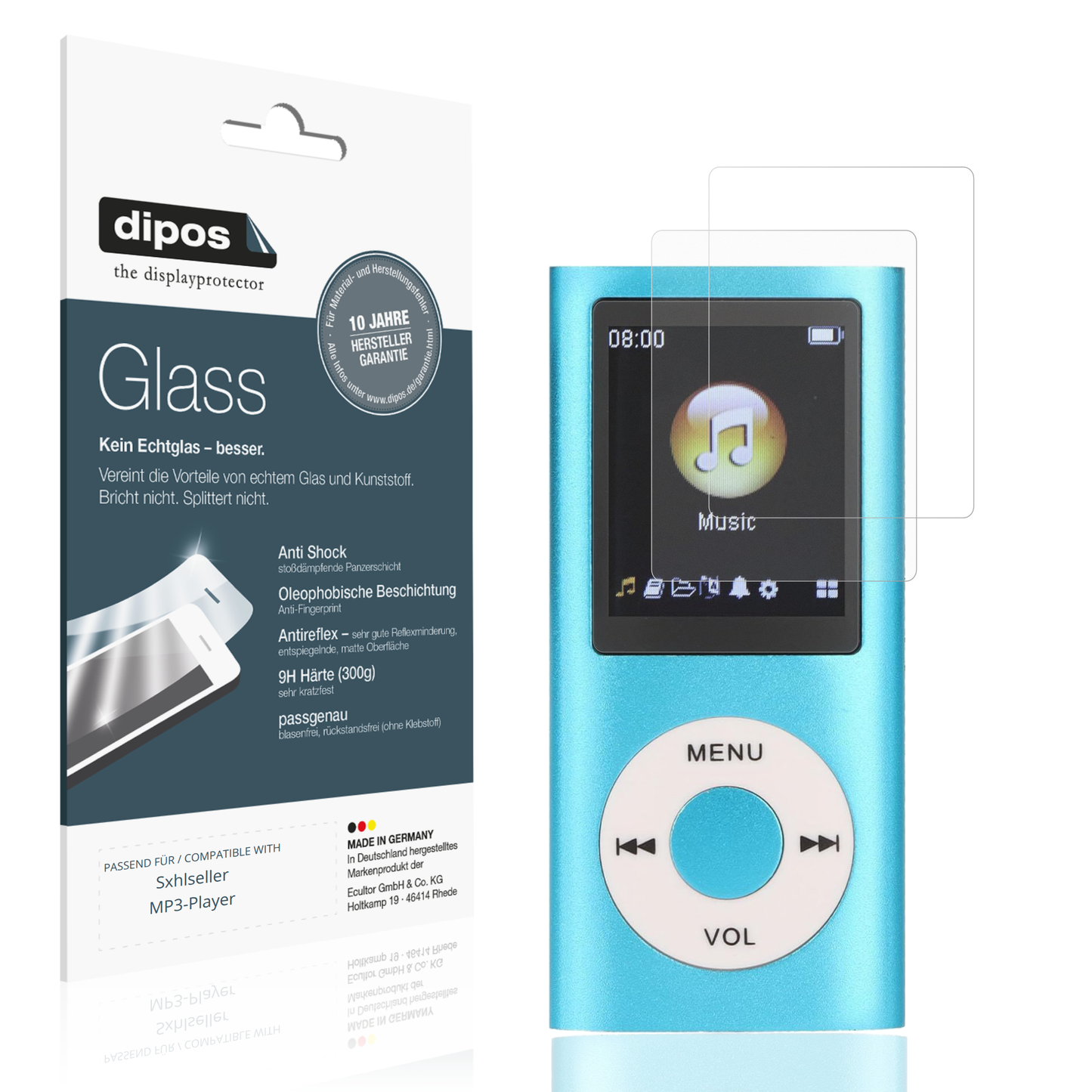 Matte Displayschutzfolie von dipos passend für Sxhlseller MP3-Player, 9H kratzfest und blasenfrei montiert