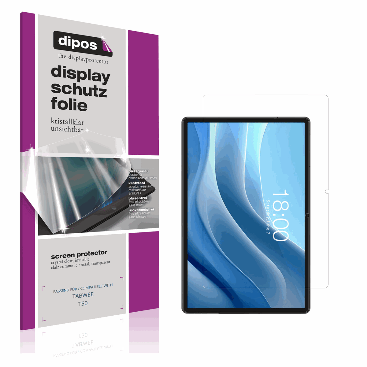 Klare Displayschutzfolie von dipos passend für TABWEE T50, präziser Zuschnitt und blasenfrei montiert
