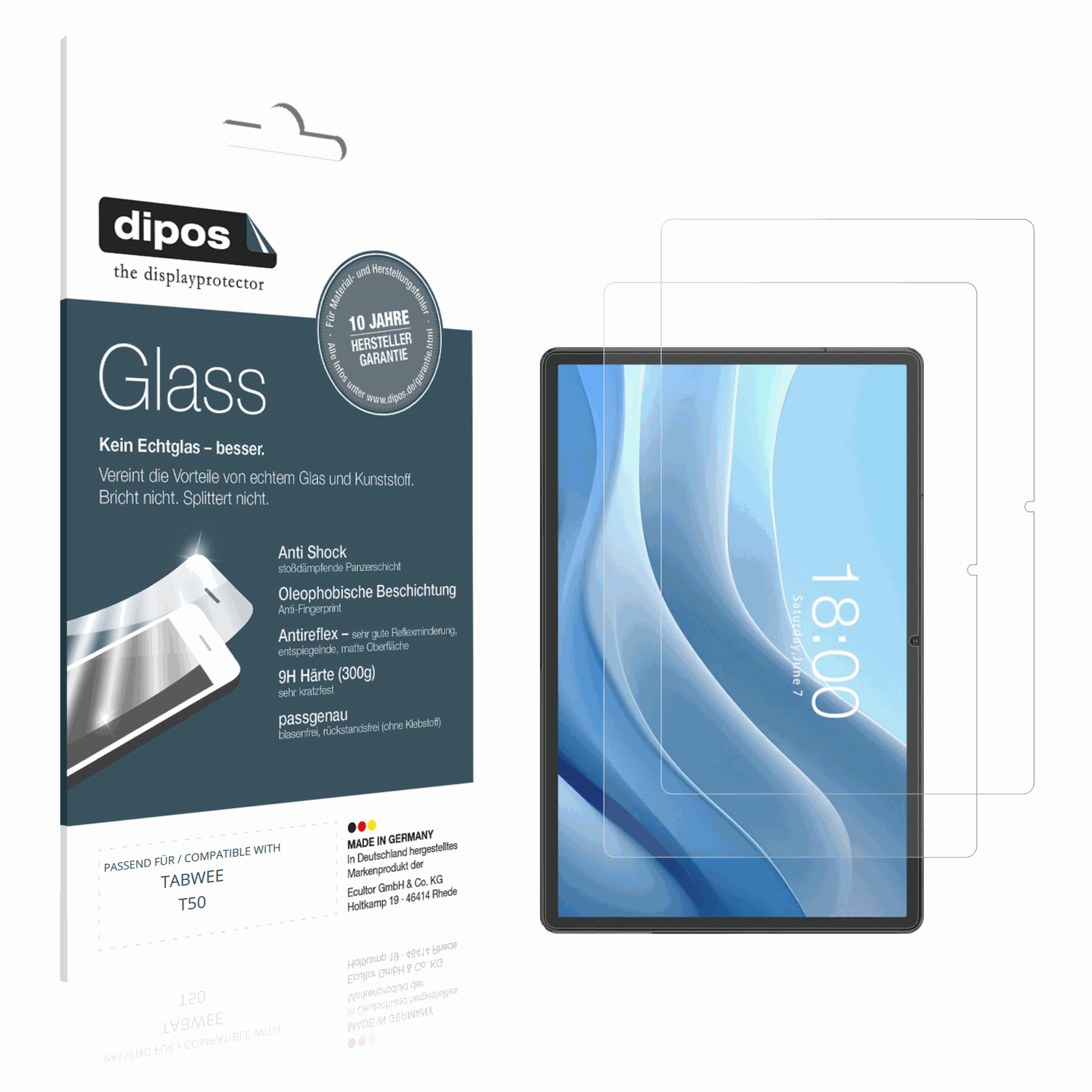 Matte Displayschutzfolie von dipos passend für TABWEE T50, 9H kratzfest und blasenfrei montiert