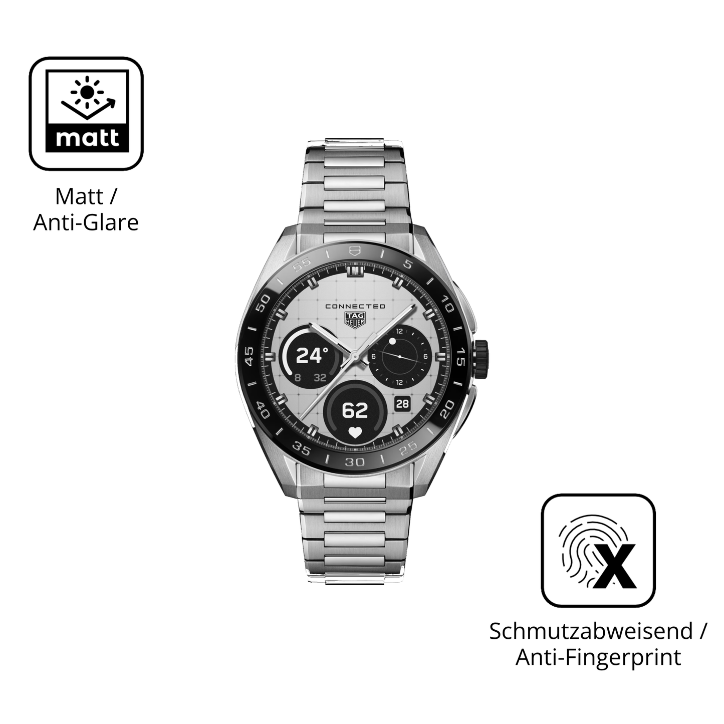 Dünne und entspiegelnde Folie passend zugeschnitten für tagheuer connected calibre e5