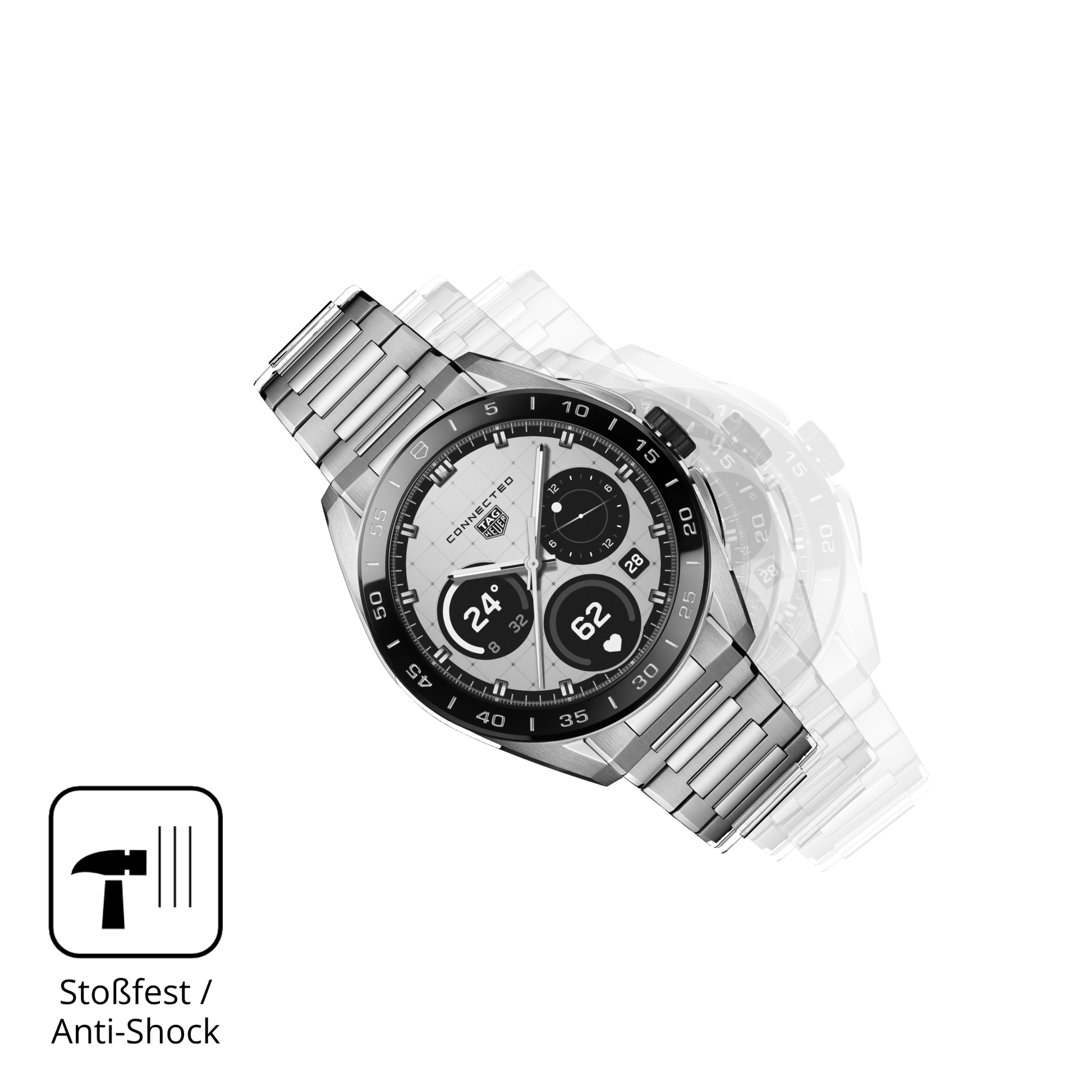 Schutz gegen Kratzer auf dem tagheuer connected calibre e5 Glas durch Schlüssel, Stöße gegen die Tischkante oder Stürze