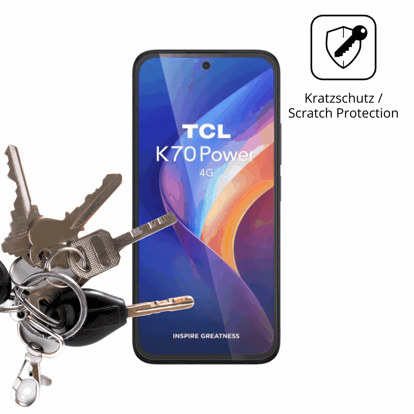 Schutz gegen Kratzer auf dem TCL K70 4G Glas durch Schlüssel oder Ähnliches