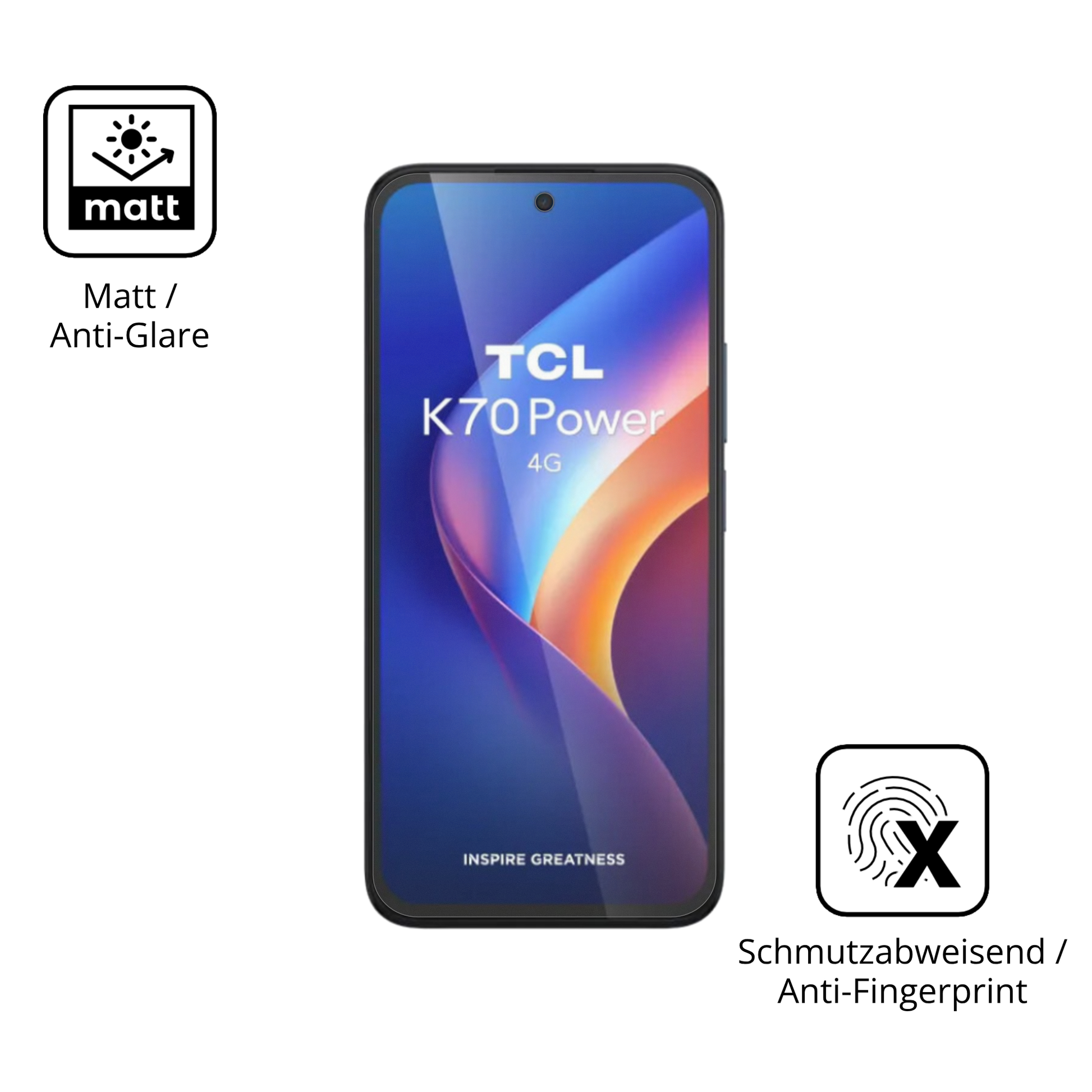Dünne und entspiegelnde Folie passend zugeschnitten für TCL K70 4G