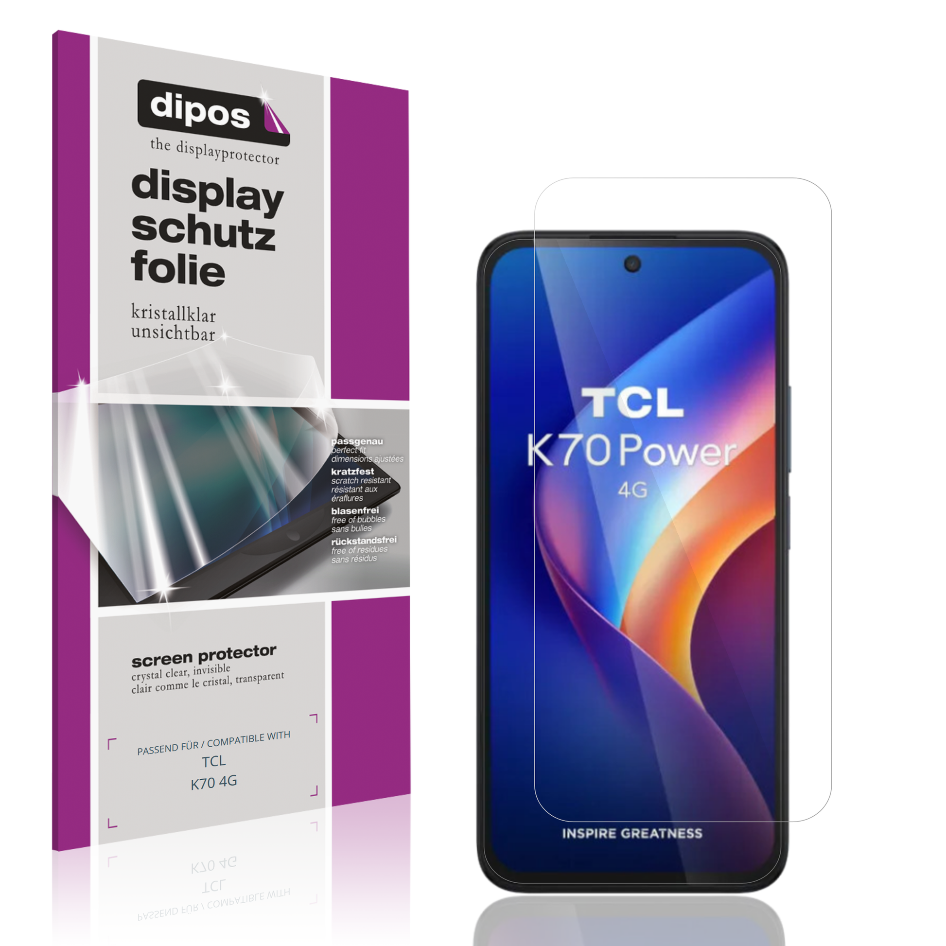 Klare Displayschutzfolie von dipos passend für TCL K70 4G, präziser Zuschnitt und blasenfrei montiert