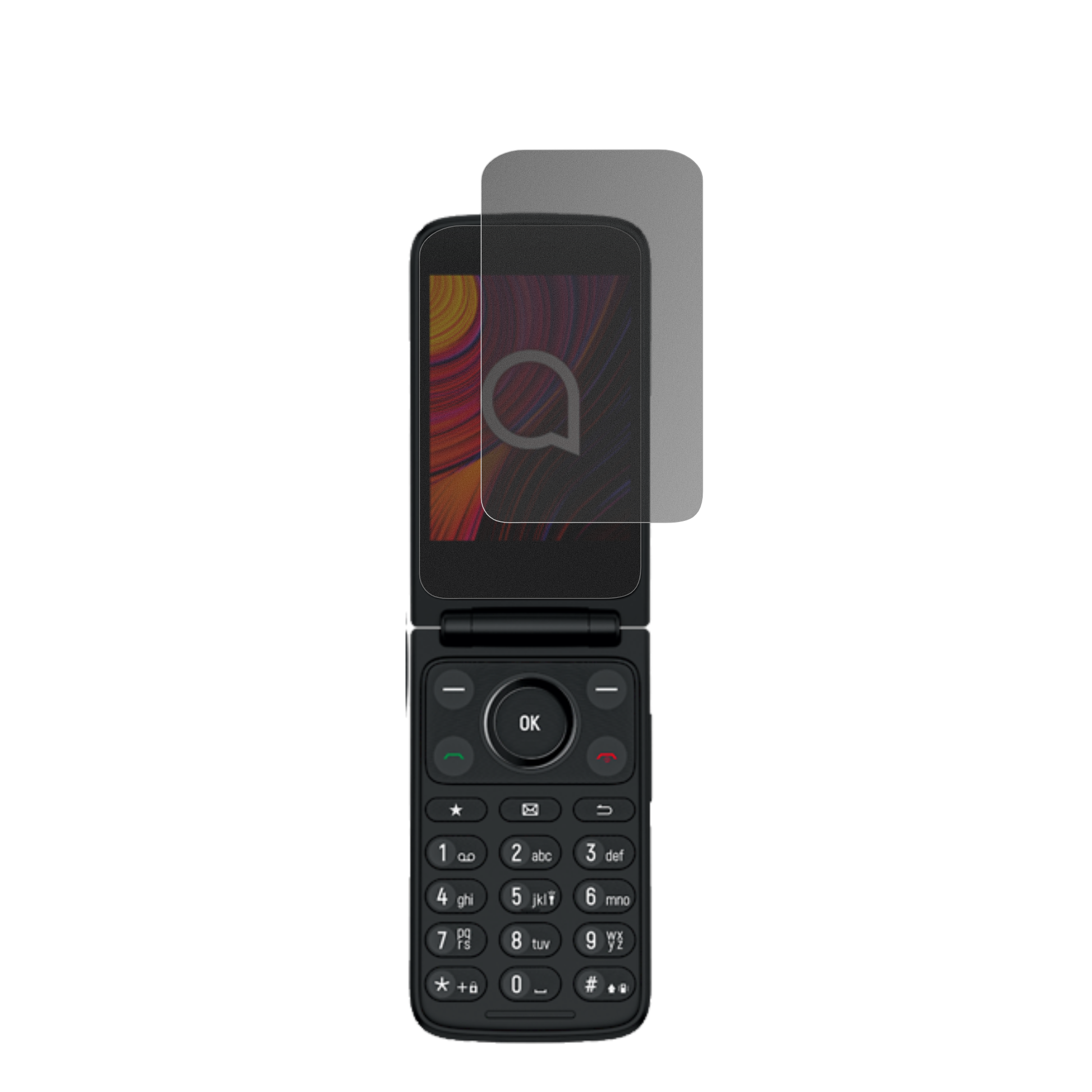 TCLOne Touch 4043D mit aufgebrachtem dipos Displayschutz, der seitliche Einblicke blockiert