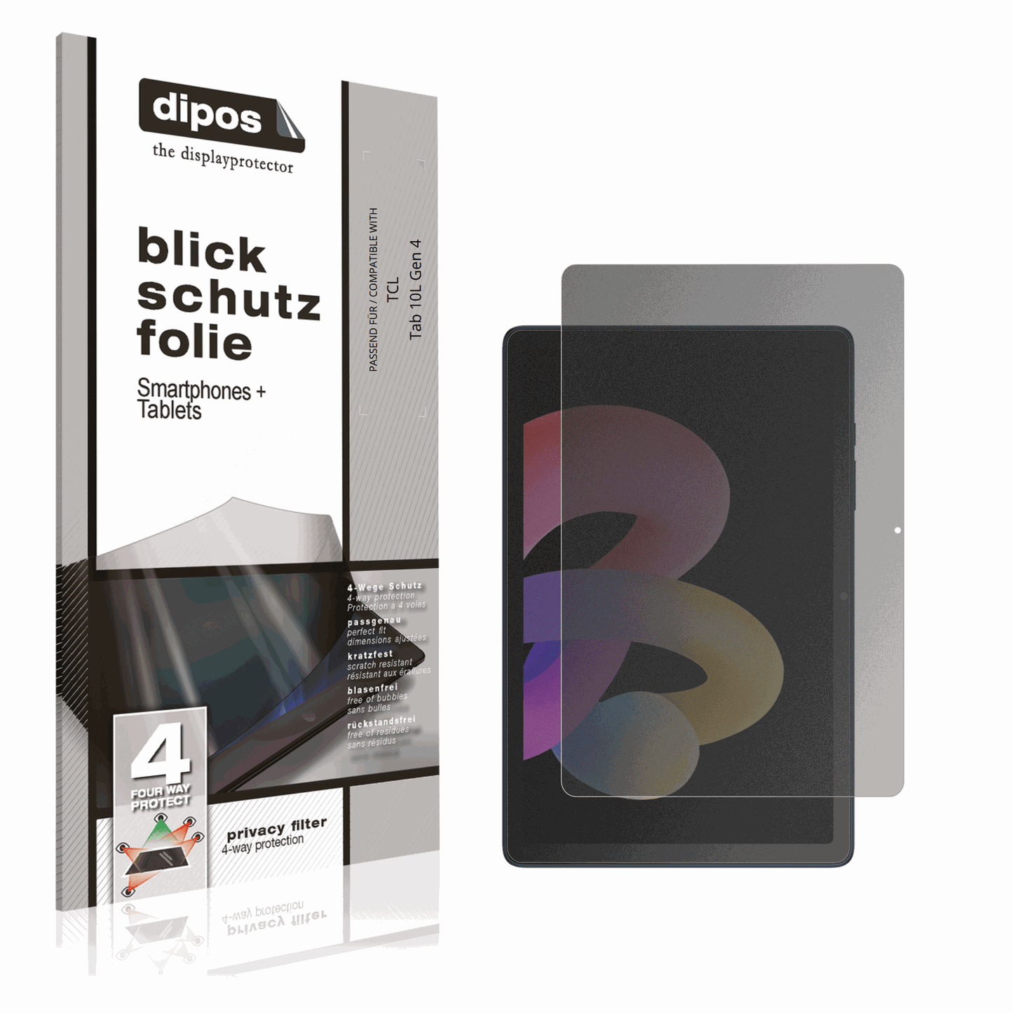Blickschutzfolie von dipos passend für tcltab 10l gen 4, präziser Zuschnitt und blasenfrei montiert