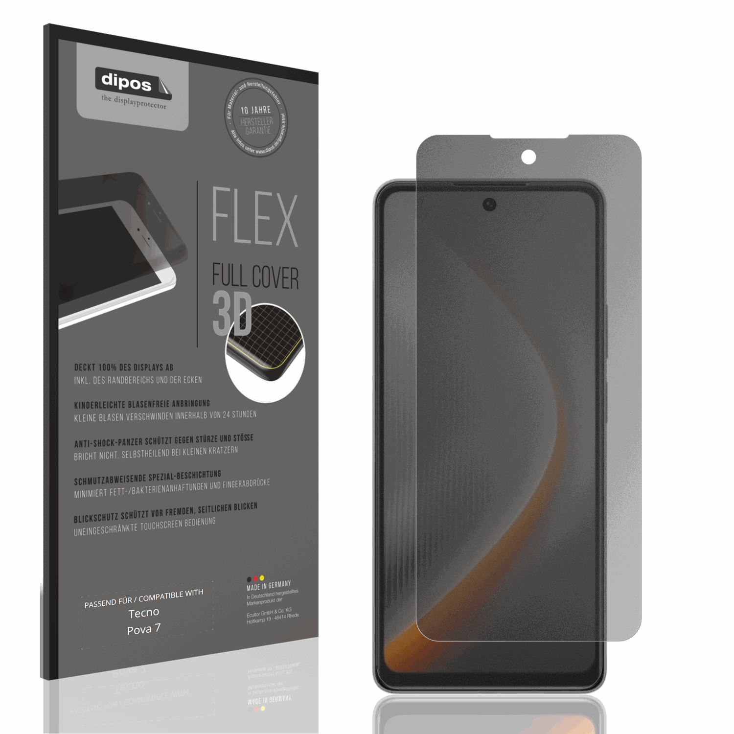 Blickschutzfolie von dipos passend für tecnopova 7, 100% Displayabdeckung und blasenfreie Montage