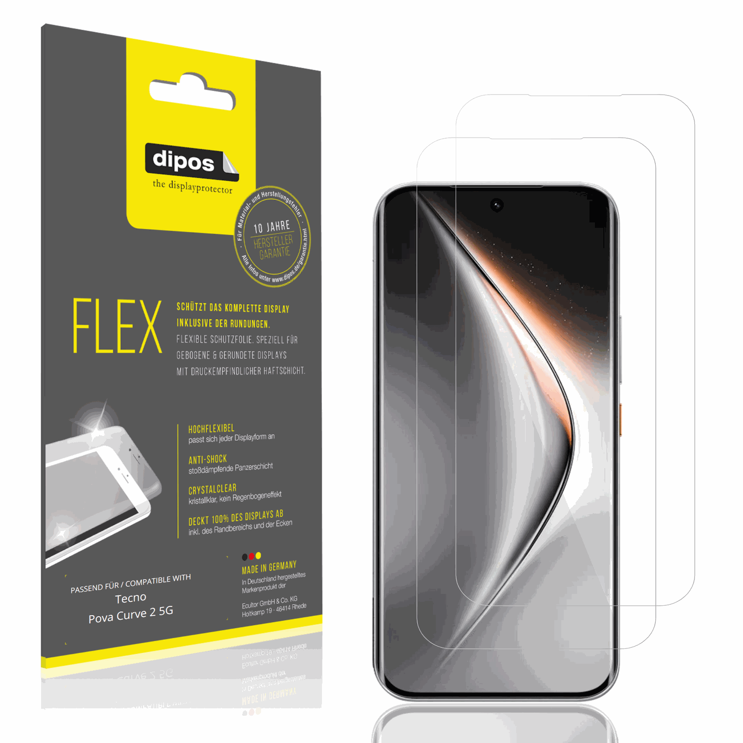 Klare Displayschutzfolie von dipos passend für Tecno Pova Curve 2 5G, 100% Displayabdeckung und blasenfreie Montage