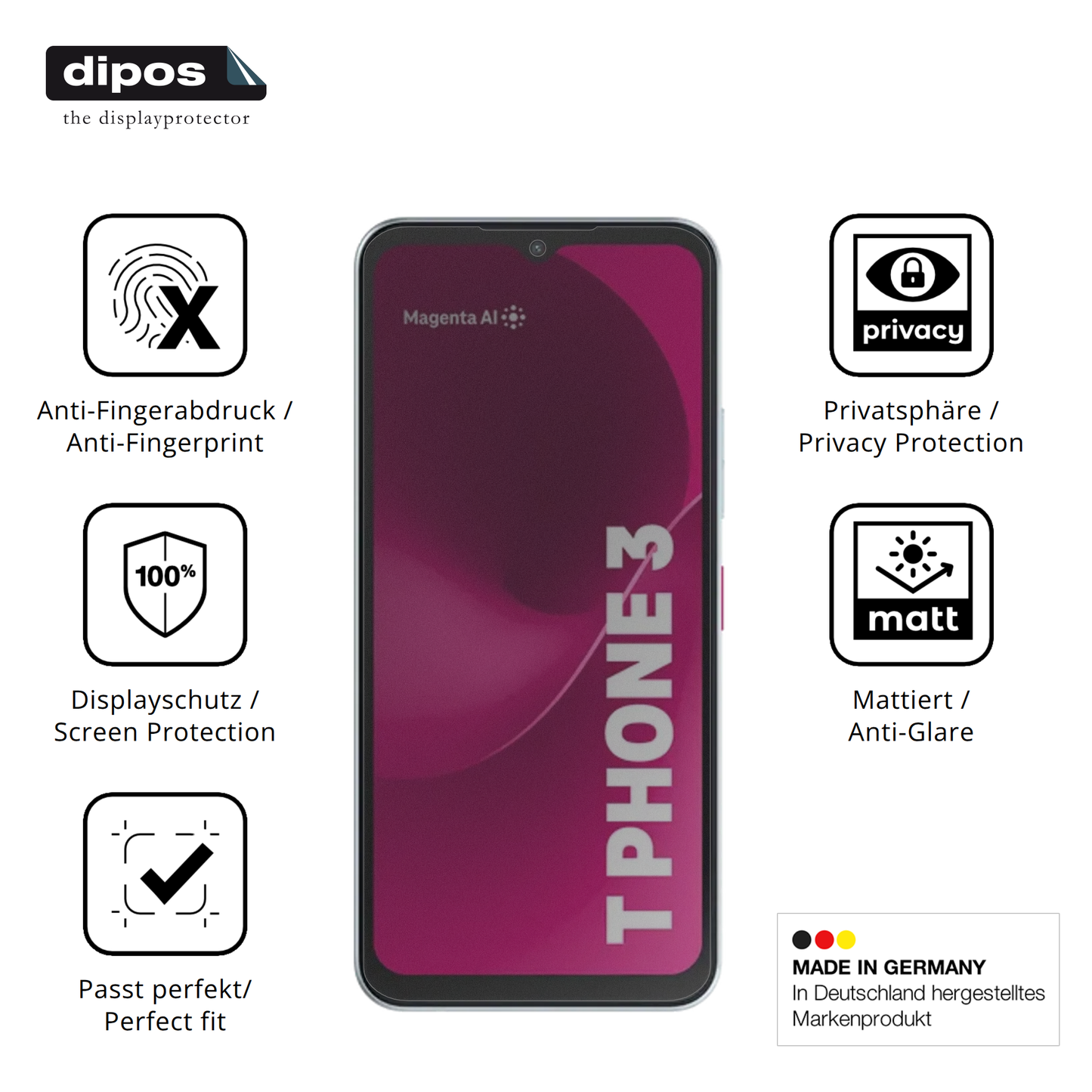 Privatsphäre-Schutz durch Sichtschutz-Folie passend zugeschnitten für Telekom T Phone 3 Pro
