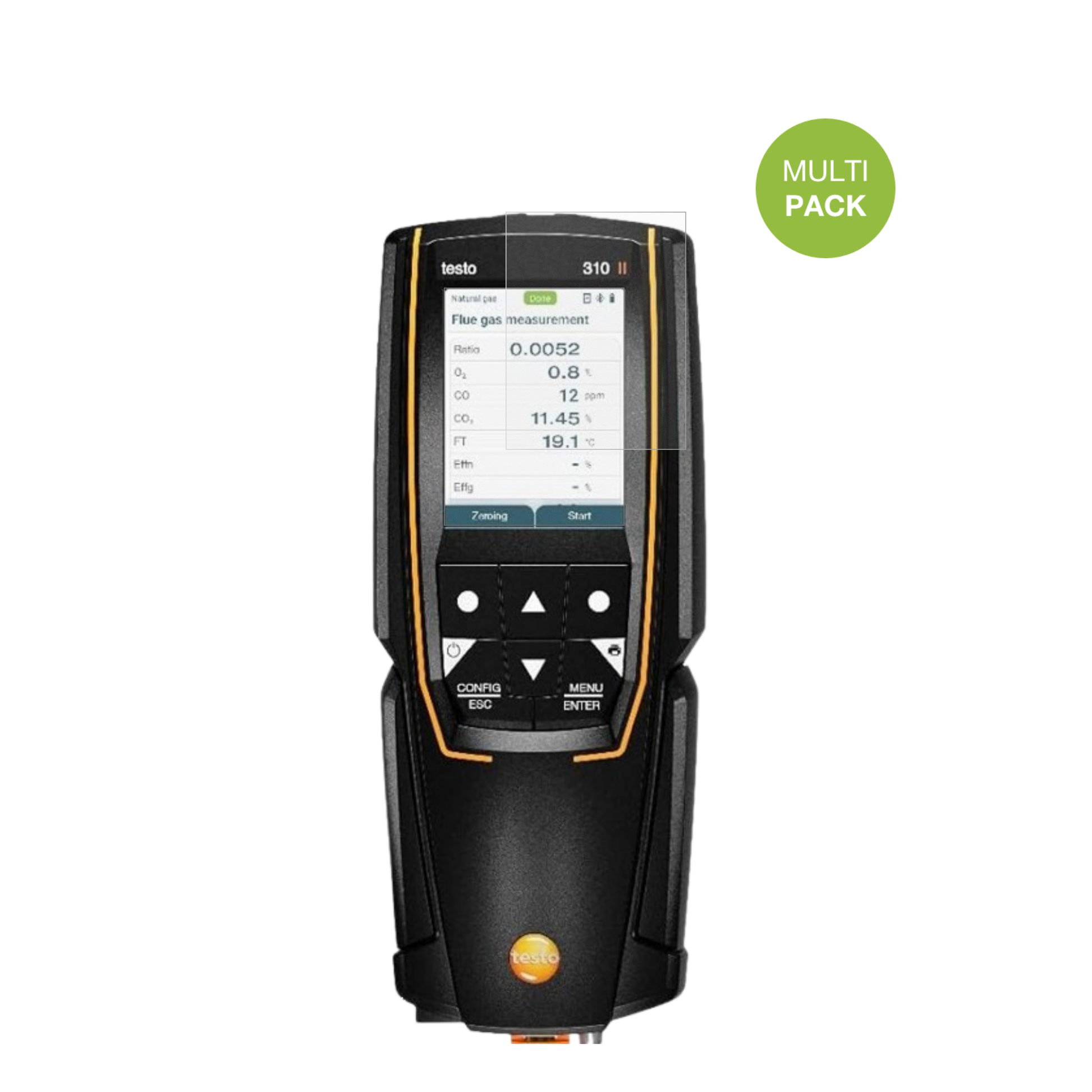 Testo310 2. Gen mit aufgebrachter dipos Displayschutzfolie, die lästige Fingerabdrücke minimiert