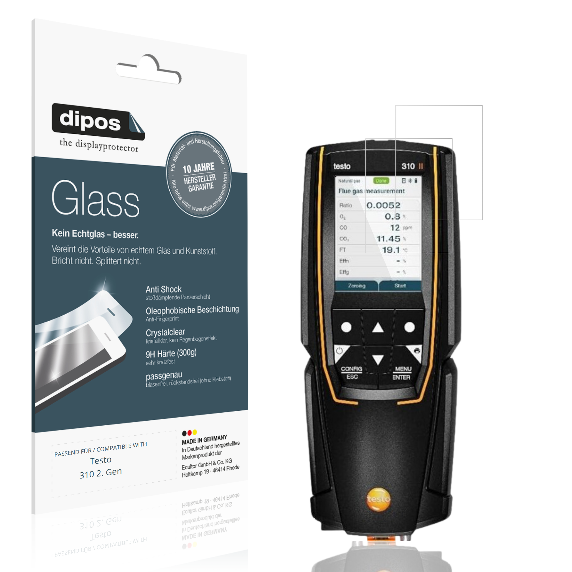 Klare Displayschutzfolie von dipos passend für Testo 310 2. Gen, 9H kratzfest und blasenfrei montiert
