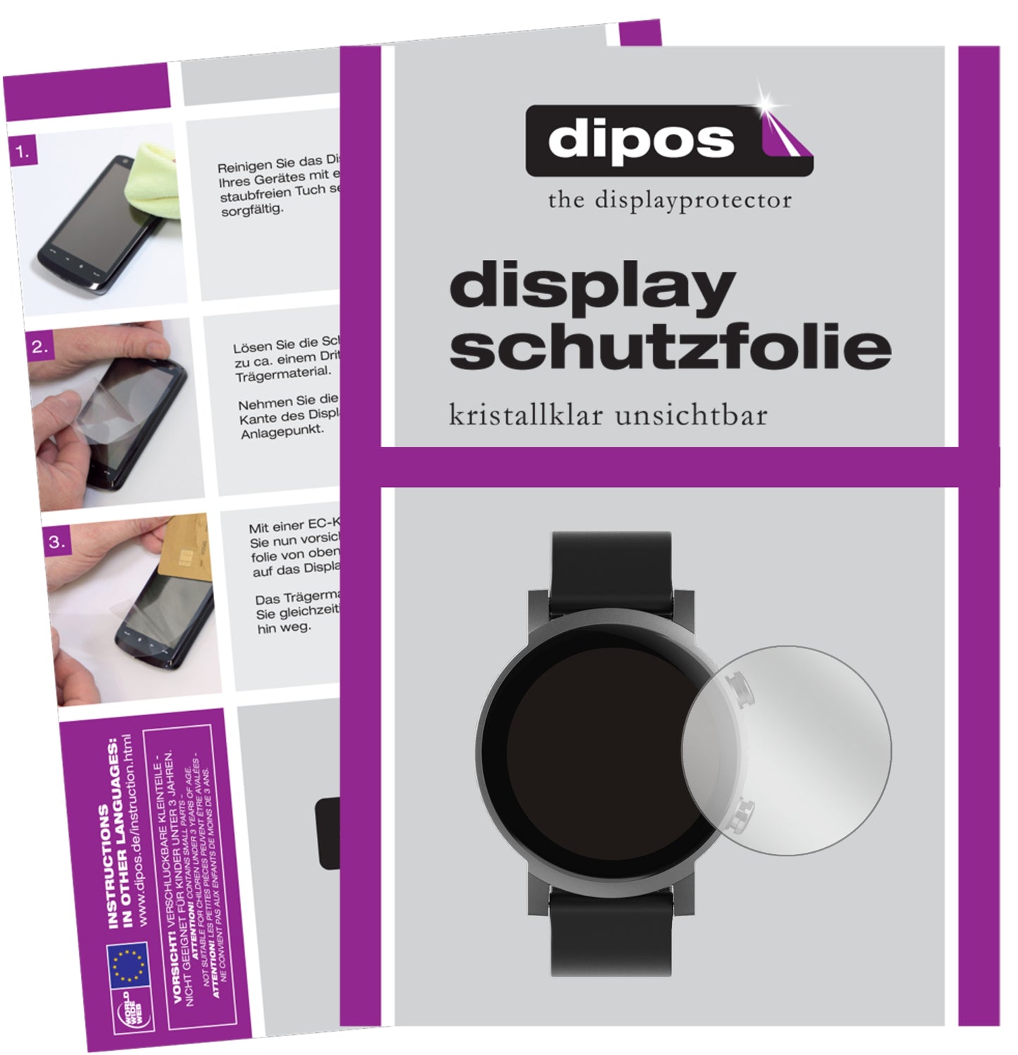 Klare Displayschutzfolie von dipos passend für TicWatch E3 Smartwatch, präziser Zuschnitt und blasenfrei montiert