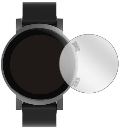 TicWatchE3 Smartwatch mit aufgebrachter dipos Displayschutzfolie, glasklare Darstellung ohne Einschränkungen