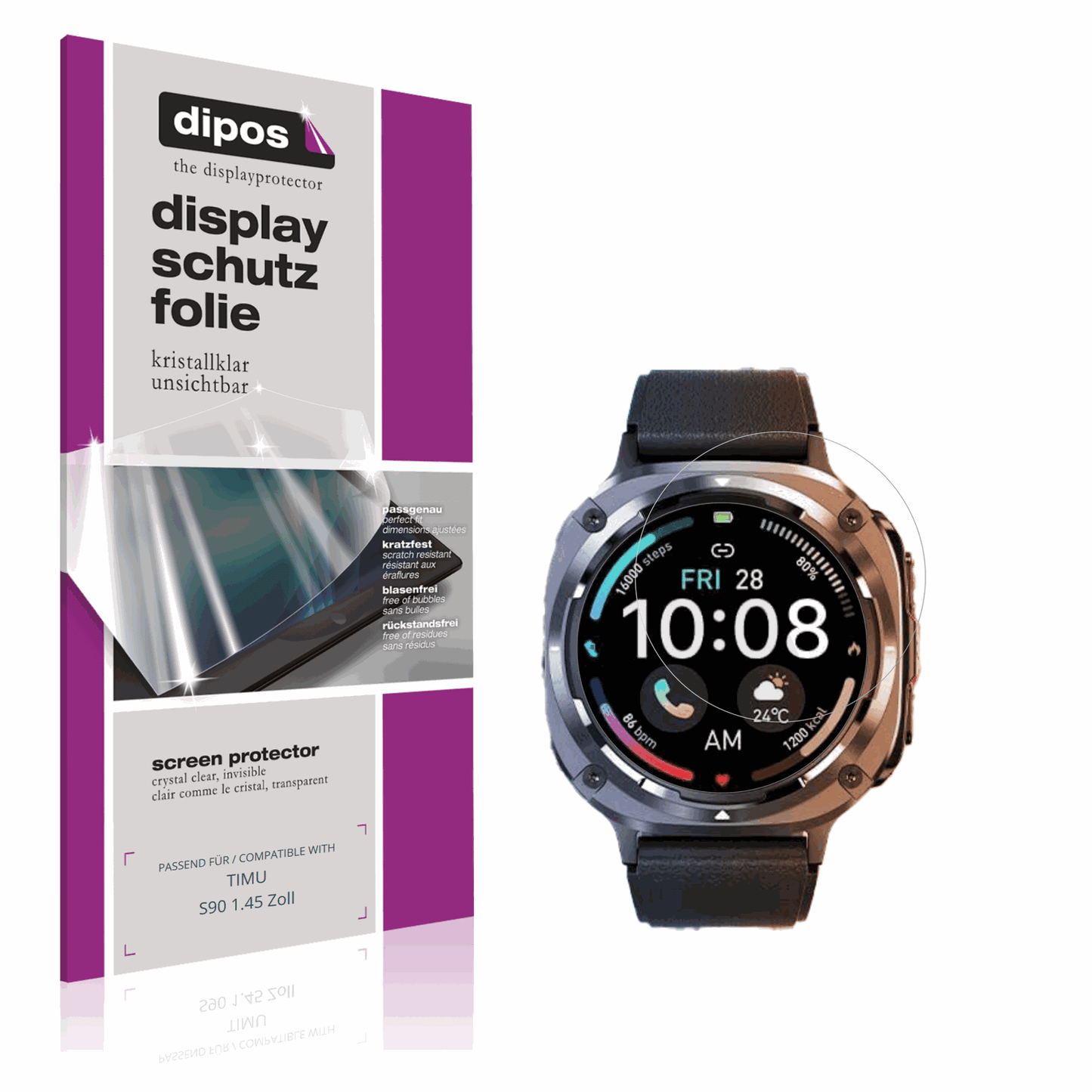 Klare Displayschutzfolie von dipos passend für TIMU S90 1.45 Zoll, präziser Zuschnitt und blasenfrei montiert
