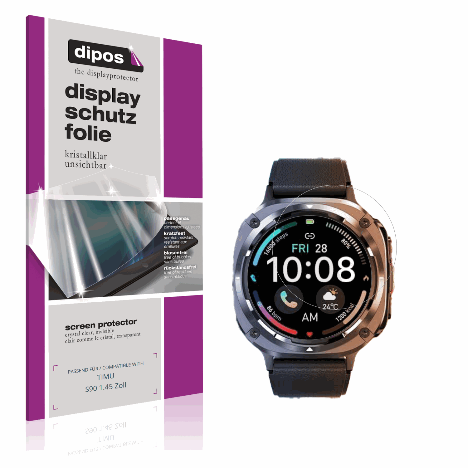 Klare Displayschutzfolie von dipos passend für TIMU S90 1.45 Zoll, präziser Zuschnitt und blasenfrei montiert