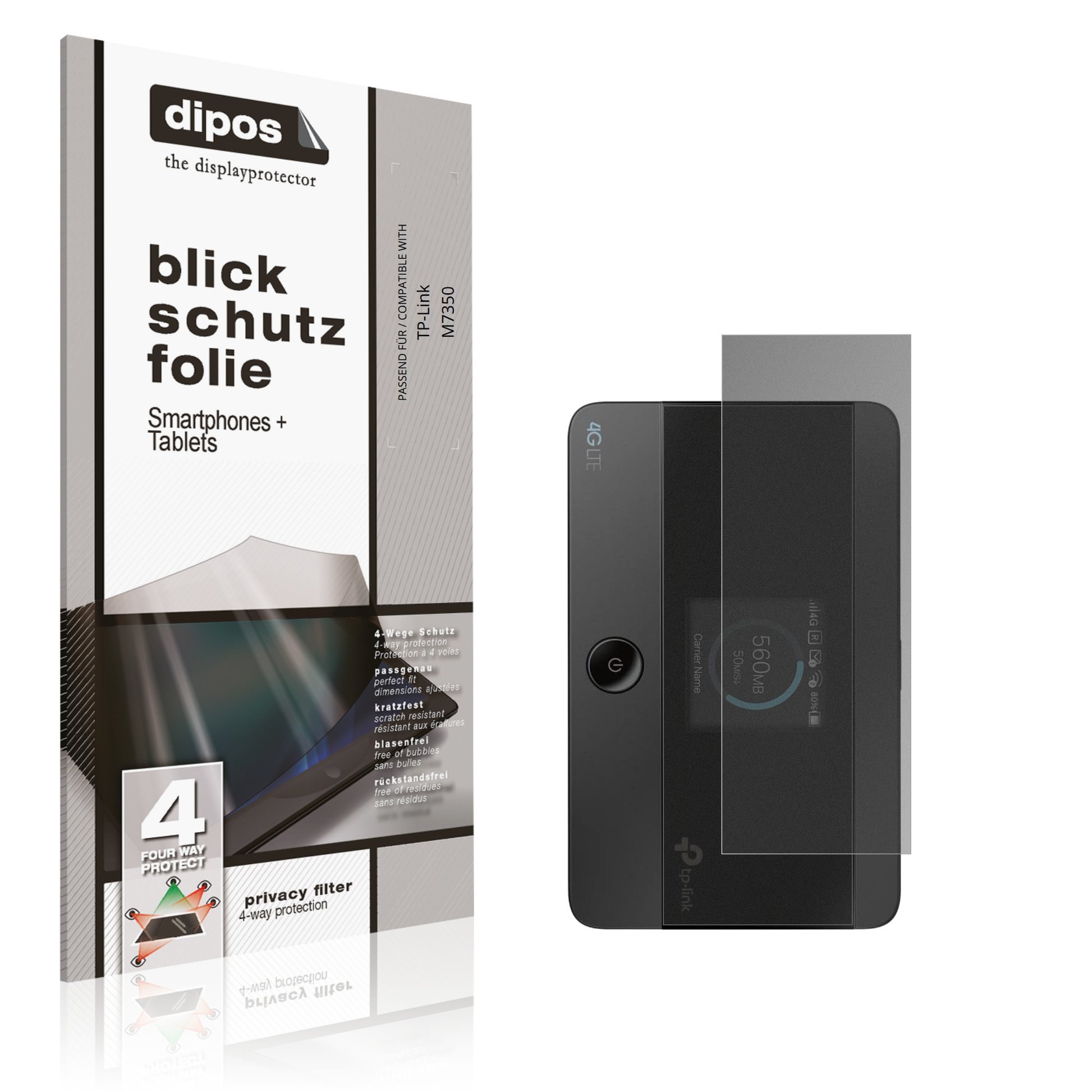 Blickschutzfolie von dipos passend für TP-Link M7350, präziser Zuschnitt und blasenfrei montiert