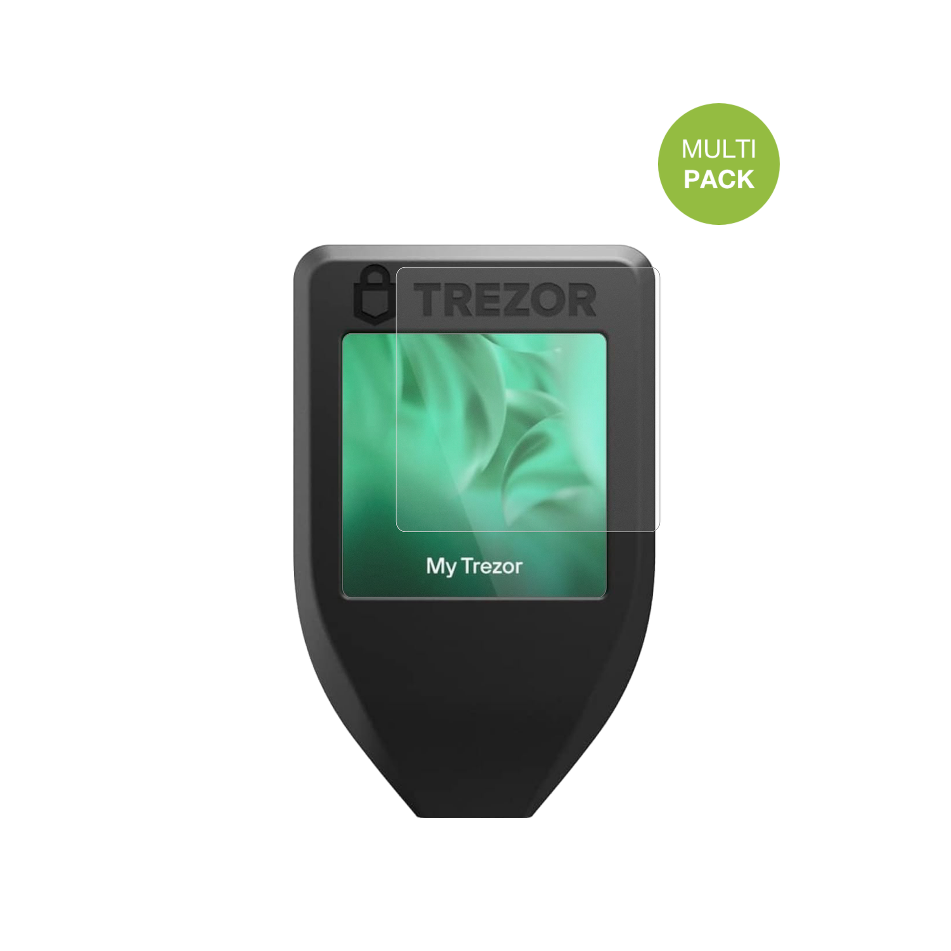 TrezorModel T mit aufgebrachter dipos Displayschutzfolie, die lästige Fingerabdrücke minimiert