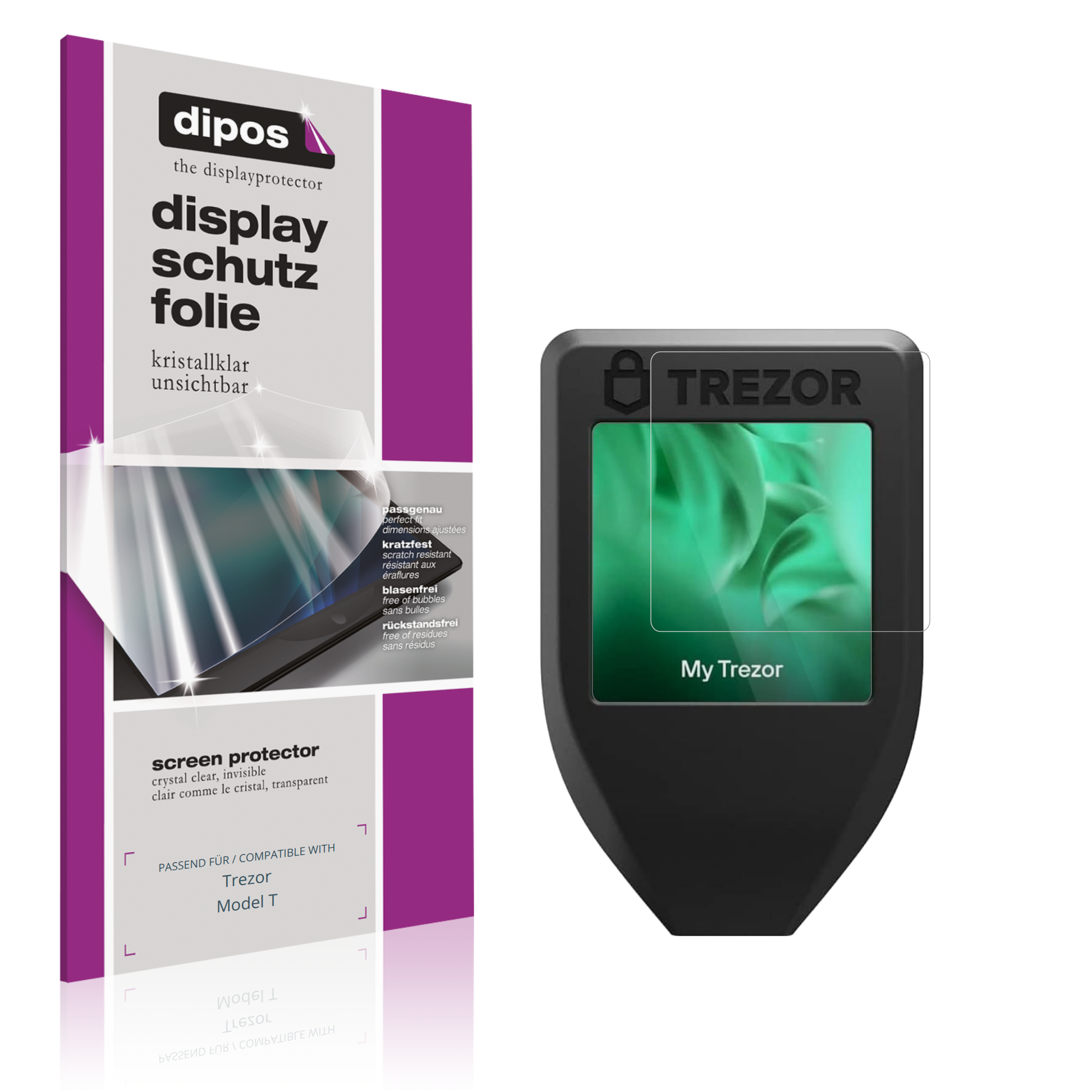 Klare Displayschutzfolie von dipos passend für Trezor Model T, präziser Zuschnitt und blasenfrei montiert