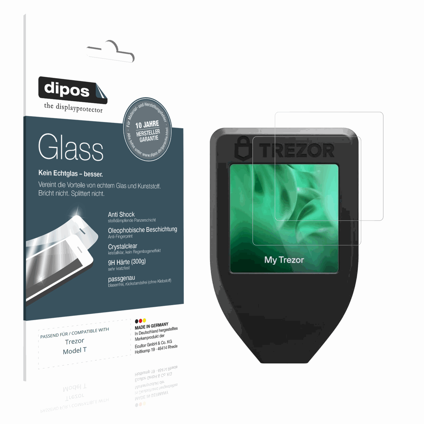 Klare Displayschutzfolie von dipos passend für Trezor Model T, 9H kratzfest und blasenfrei montiert