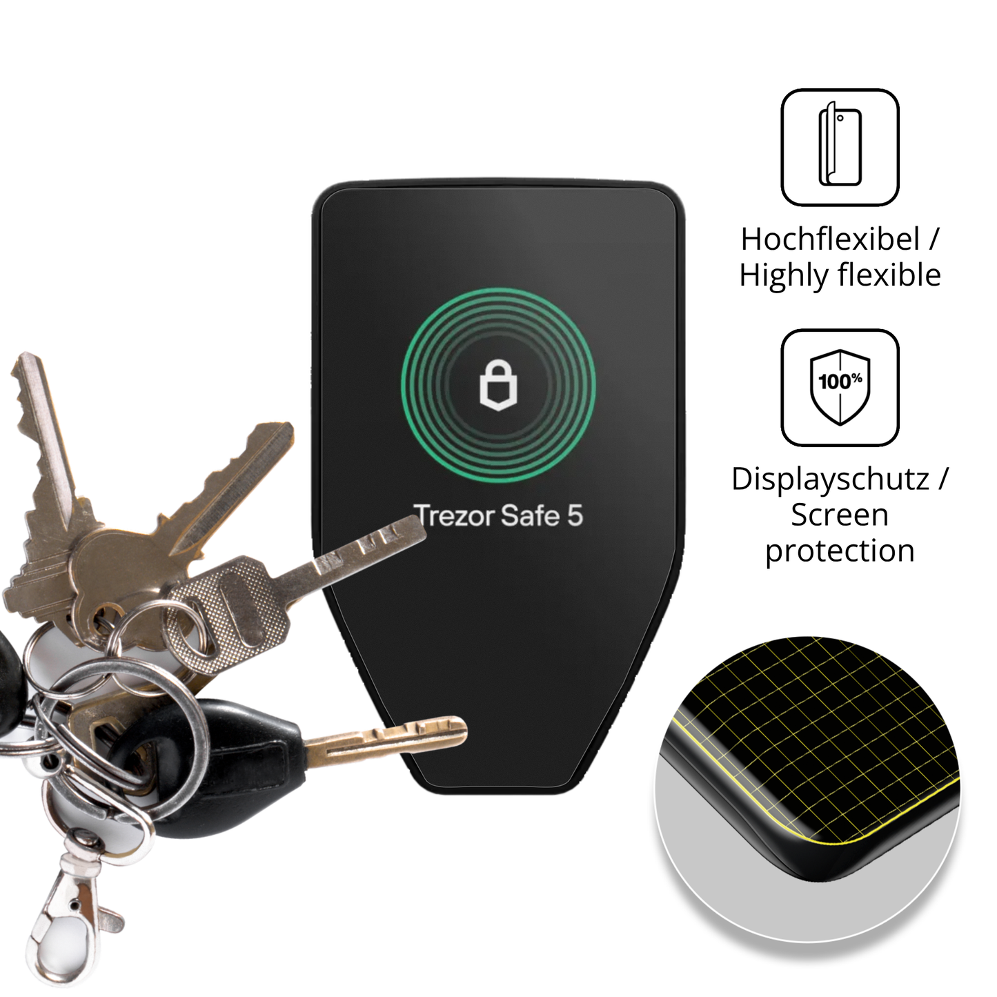 dipos Displayschutz für Trezor Safe 5, transparente Oberfläche, perfekte Passform auch für die Rundungen