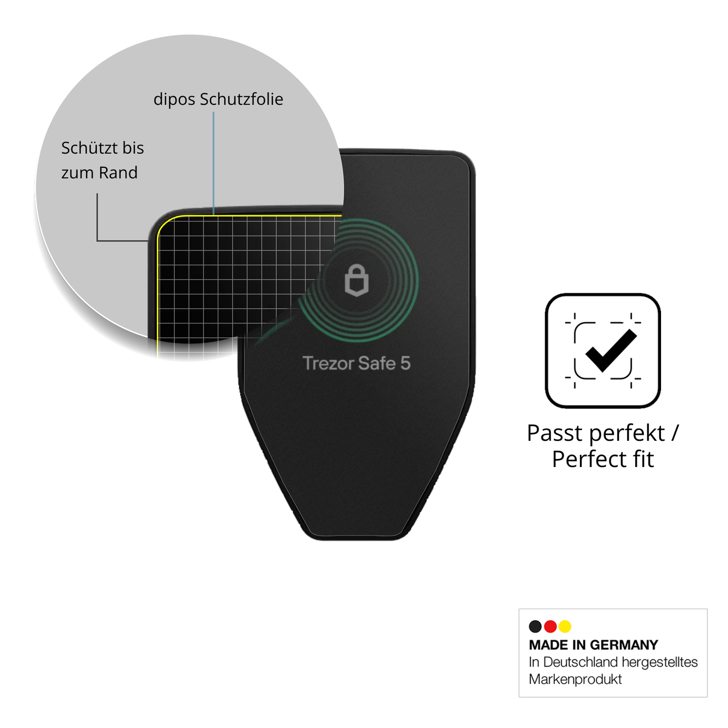 Schutz gegen Kratzer auf dem Trezor Safe 5 Glas durch Schlüssel, Stöße gegen die Tischkante oder Stürze