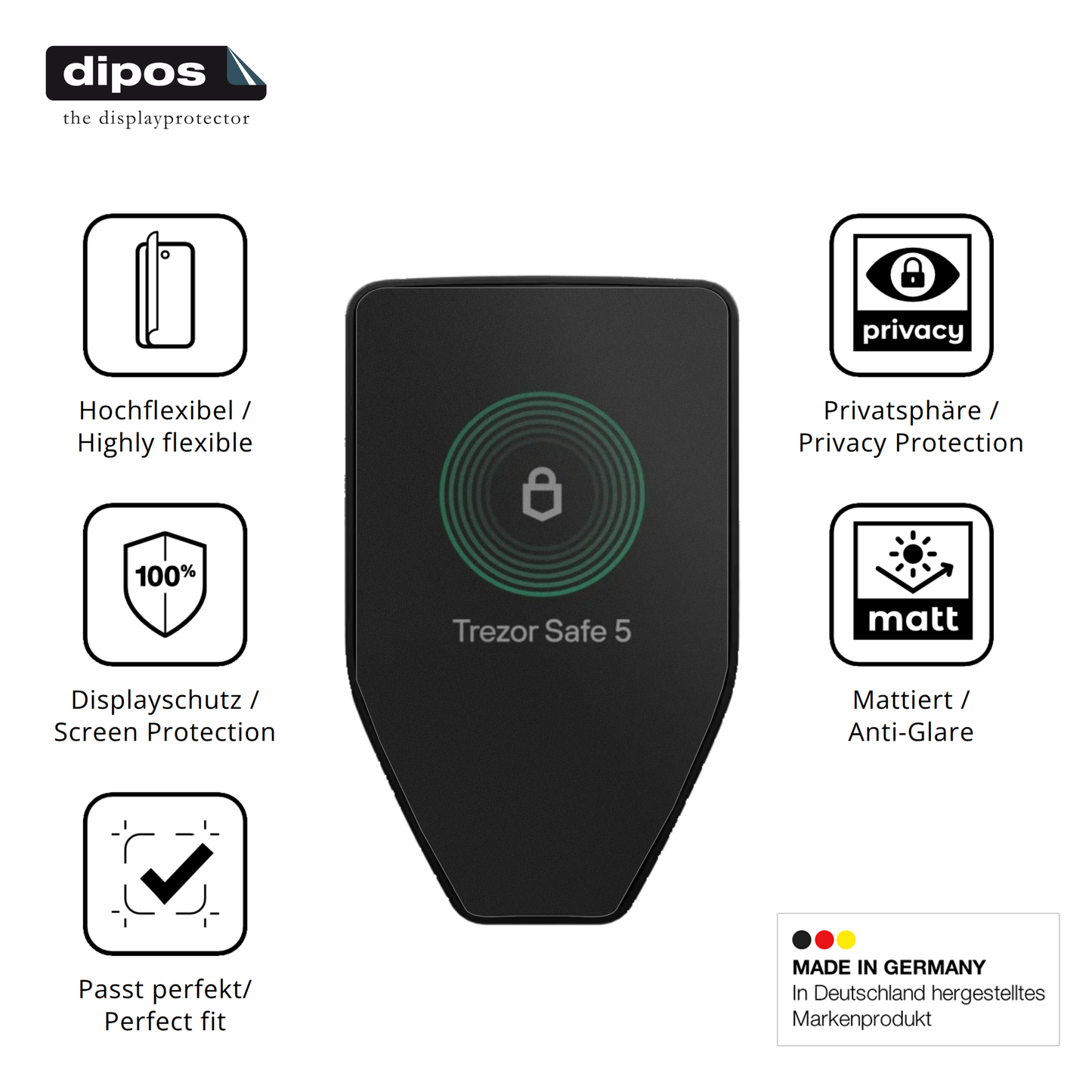 Flexible TPU-Folie passend zugeschnitten für Trezor Safe 5, mit Privatsphäre-Schutz durch Sichtschutz-Folie