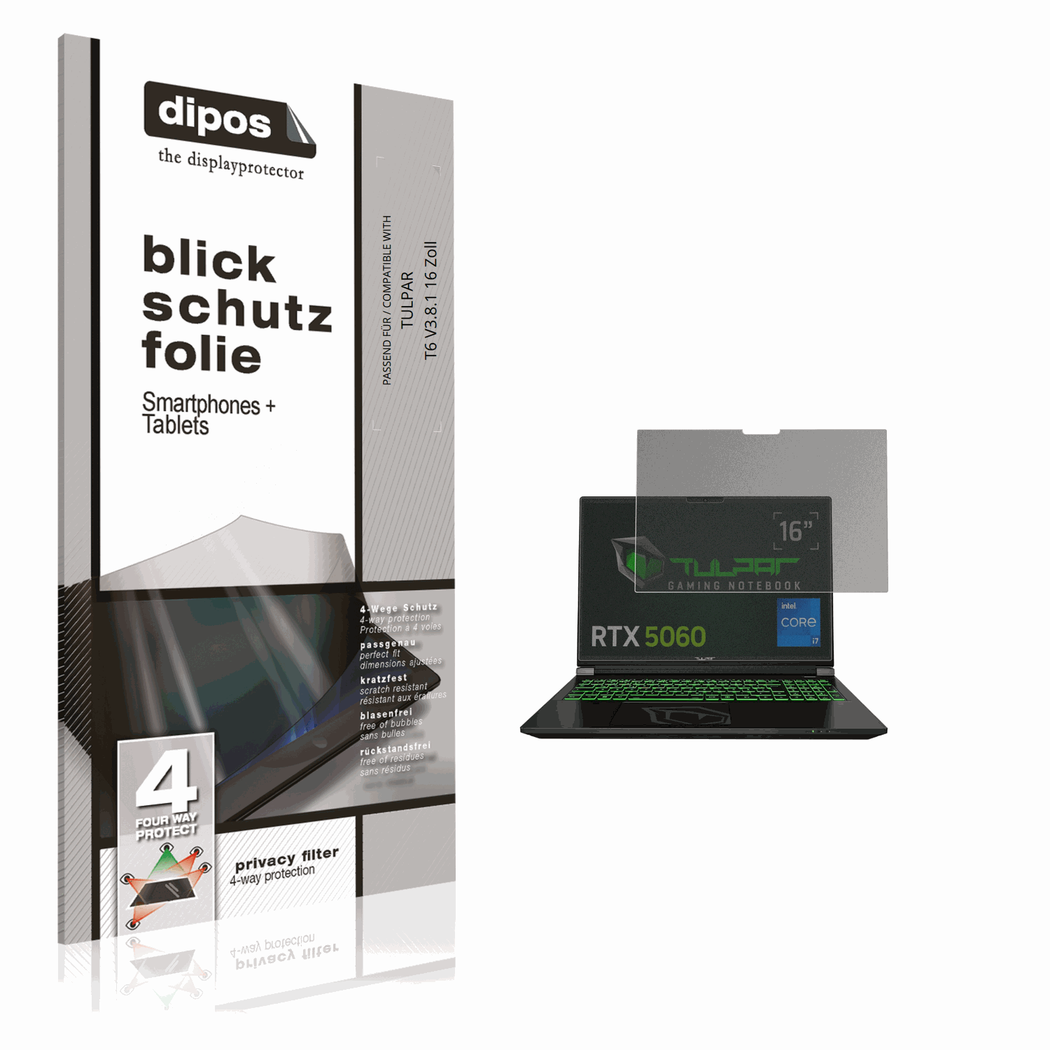Blickschutzfolie von dipos passend für TULPAR T6 V3.8.1 16 Zoll, präziser Zuschnitt und blasenfrei montiert