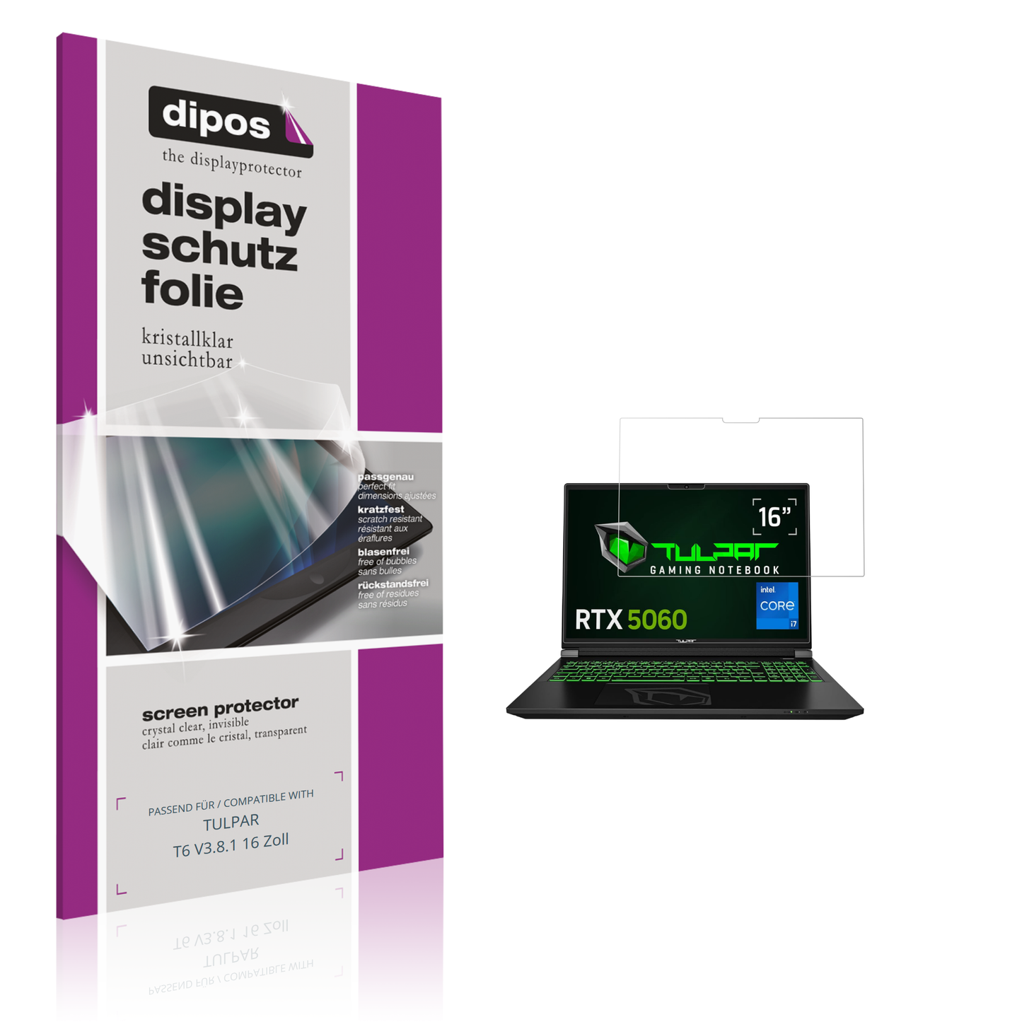 Klare Displayschutzfolie von dipos passend für TULPAR T6 V3.8.1 16 Zoll, präziser Zuschnitt und blasenfrei montiert