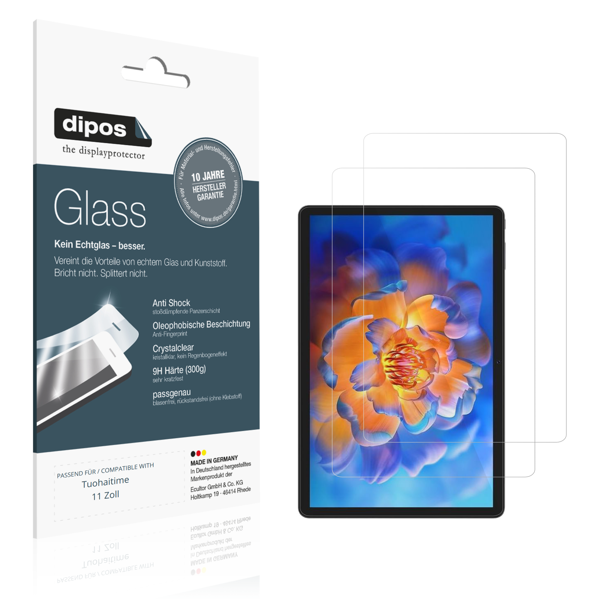 Klare Displayschutzfolie von dipos passend für Tuohaitime 11 Zoll, 9H kratzfest und blasenfrei montiert