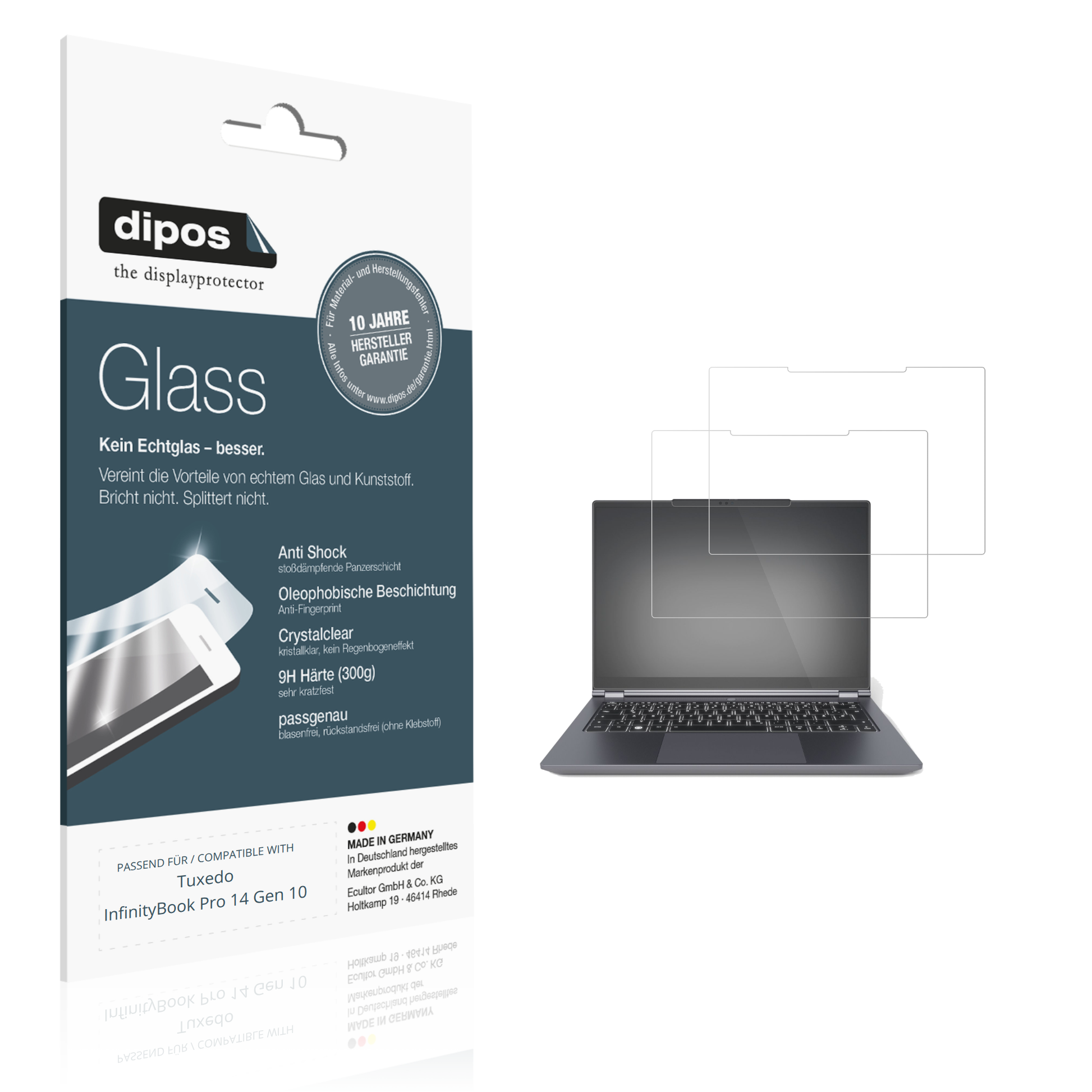 Klare Displayschutzfolie von dipos passend für tuxedoinfinitybook pro 14 gen 10, 9H kratzfest und blasenfrei montiert