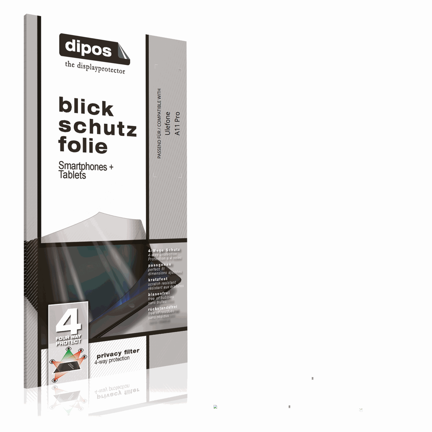 Blickschutzfolie von dipos passend für Ulefone A11 Pro, präziser Zuschnitt und blasenfrei montiert