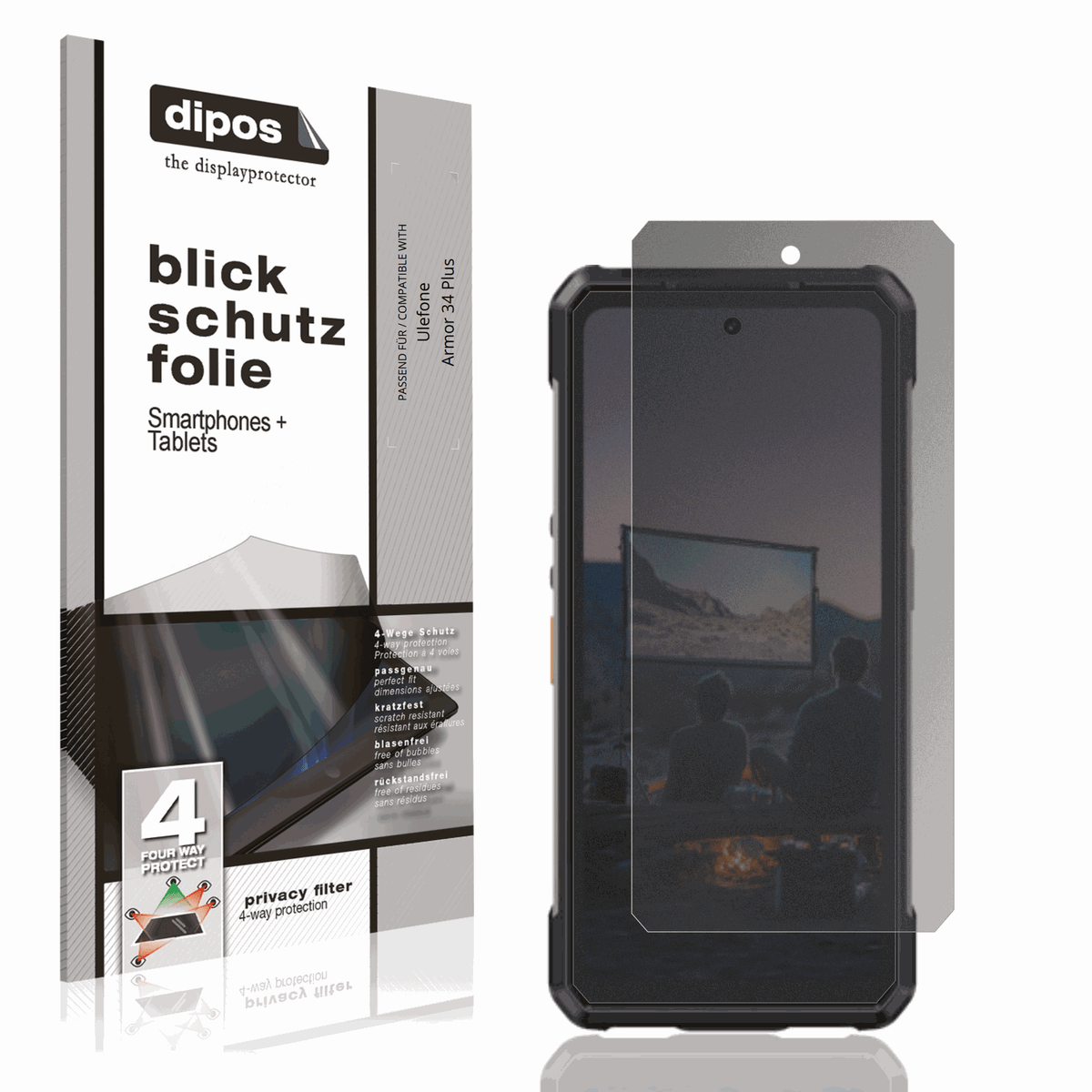 Blickschutzfolie von dipos passend für Ulefone Armor 34 Plus, präziser Zuschnitt und blasenfrei montiert