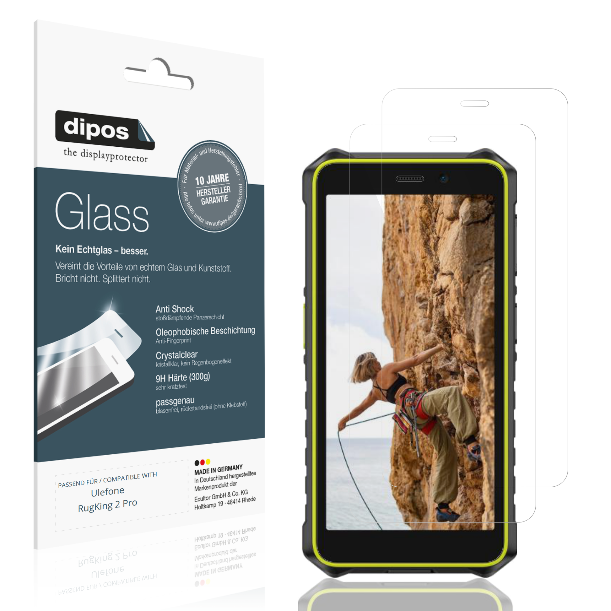 Klare Displayschutzfolie von dipos passend für Ulefone RugKing 2 Pro, 9H kratzfest und blasenfrei montiert