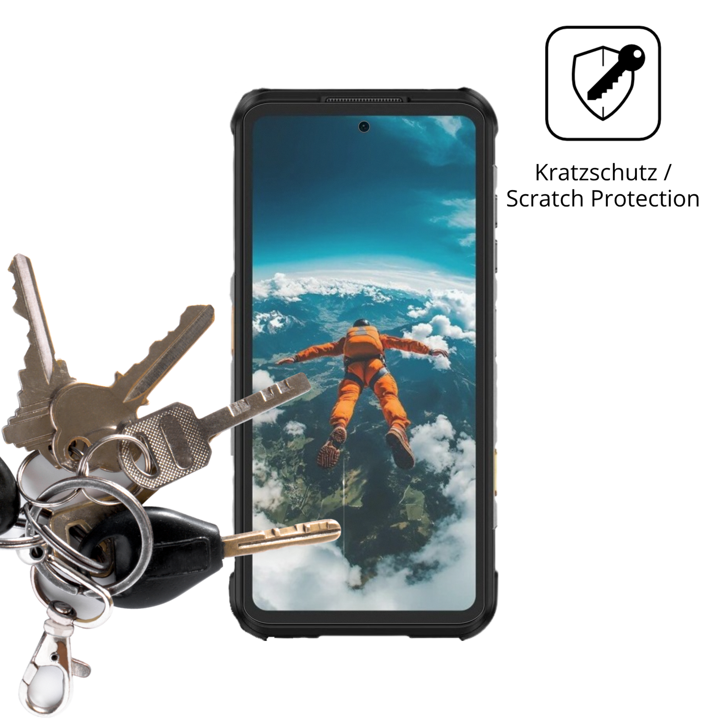 Schutz gegen Kratzer auf dem Ulefone RugOne Xever 7 Pro Glas durch Schlüssel oder Ähnliches