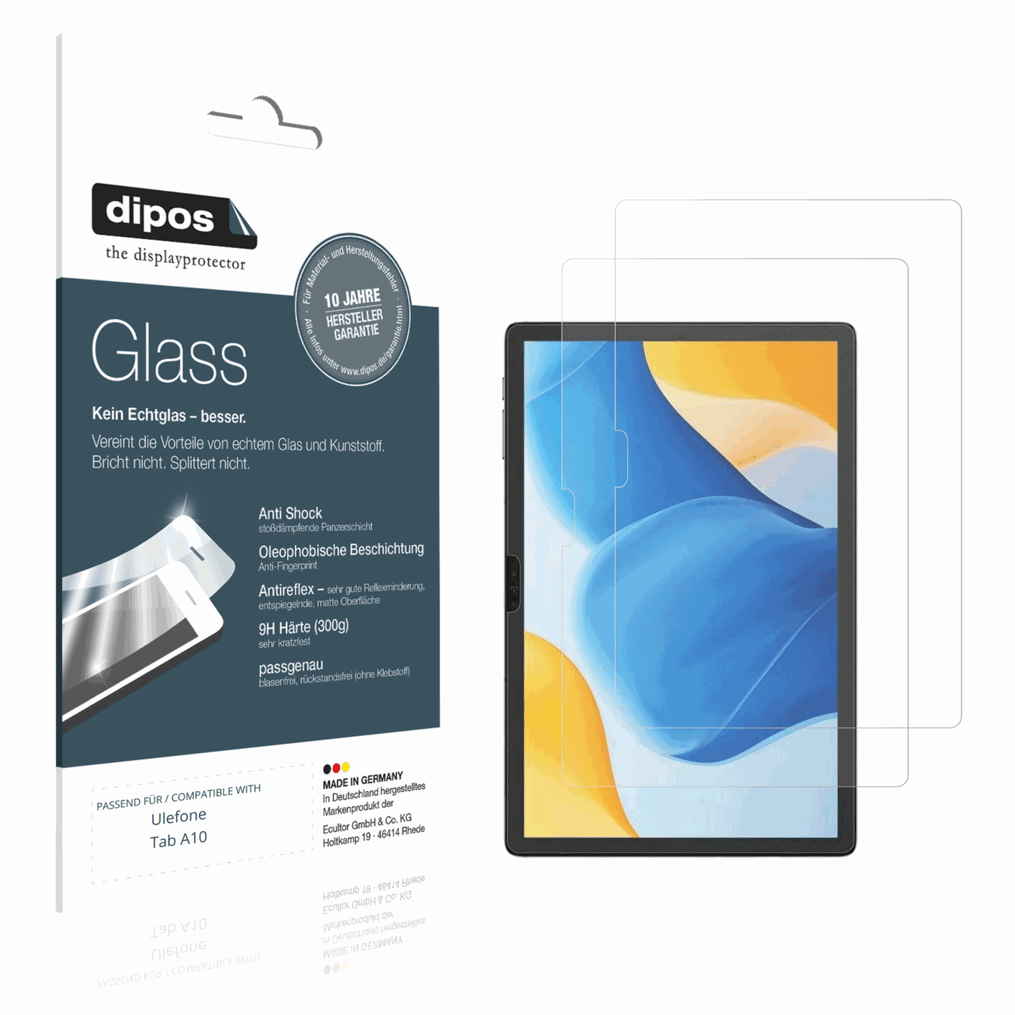 Matte Displayschutzfolie von dipos passend für ulefonetab a10, 9H kratzfest und blasenfrei montiert