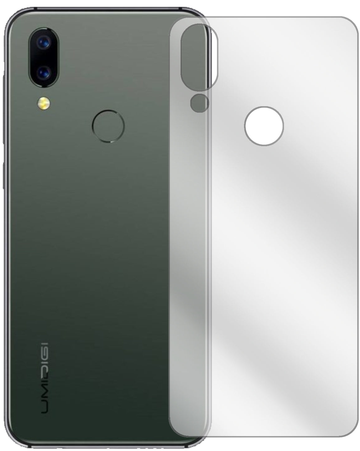 UmidigiA3S Rückseite mit aufgebrachter dipos Displayschutzfolie, glasklare Darstellung ohne Einschränkungen