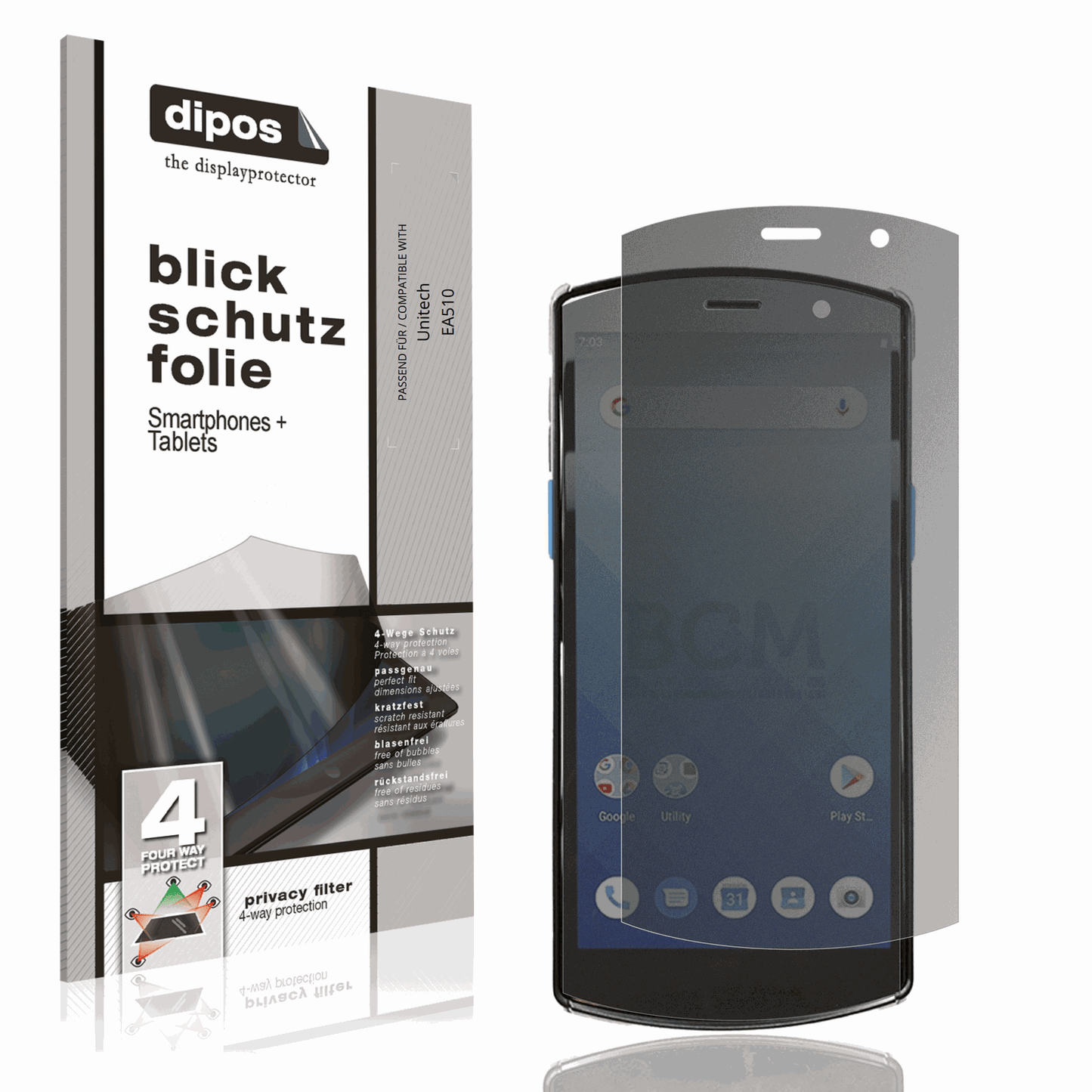 Blickschutzfolie von dipos passend für Unitech EA510, präziser Zuschnitt und blasenfrei montiert