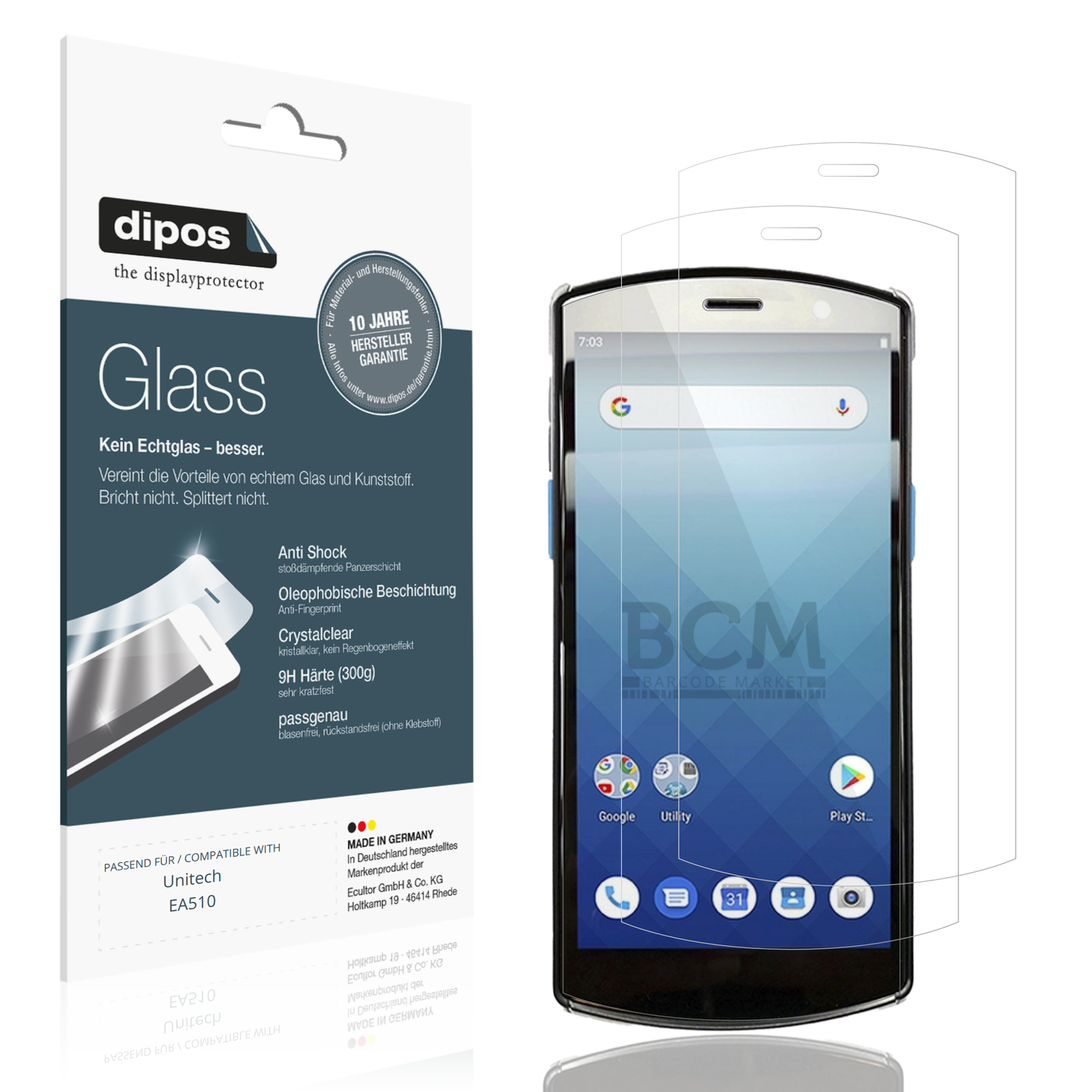 Klare Displayschutzfolie von dipos passend für Unitech EA510, 9H kratzfest und blasenfrei montiert