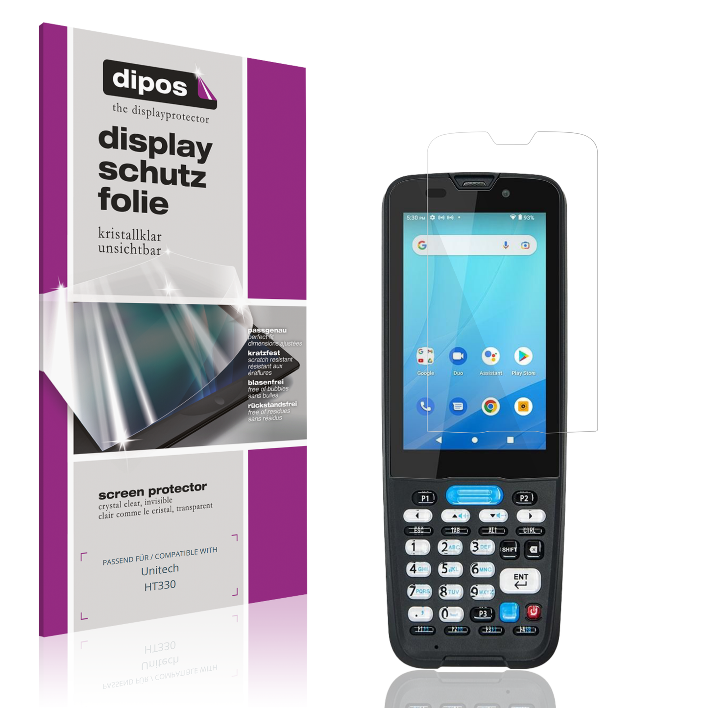 Klare Displayschutzfolie von dipos passend für Unitech HT330, präziser Zuschnitt und blasenfrei montiert