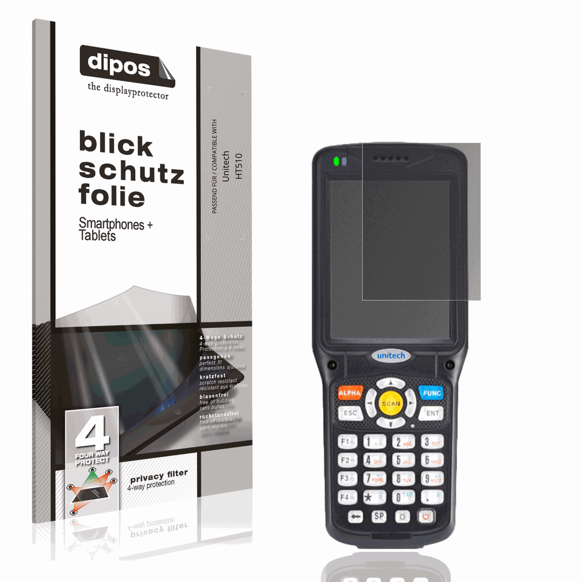 Blickschutzfolie von dipos passend für Unitech HT510, präziser Zuschnitt und blasenfrei montiert
