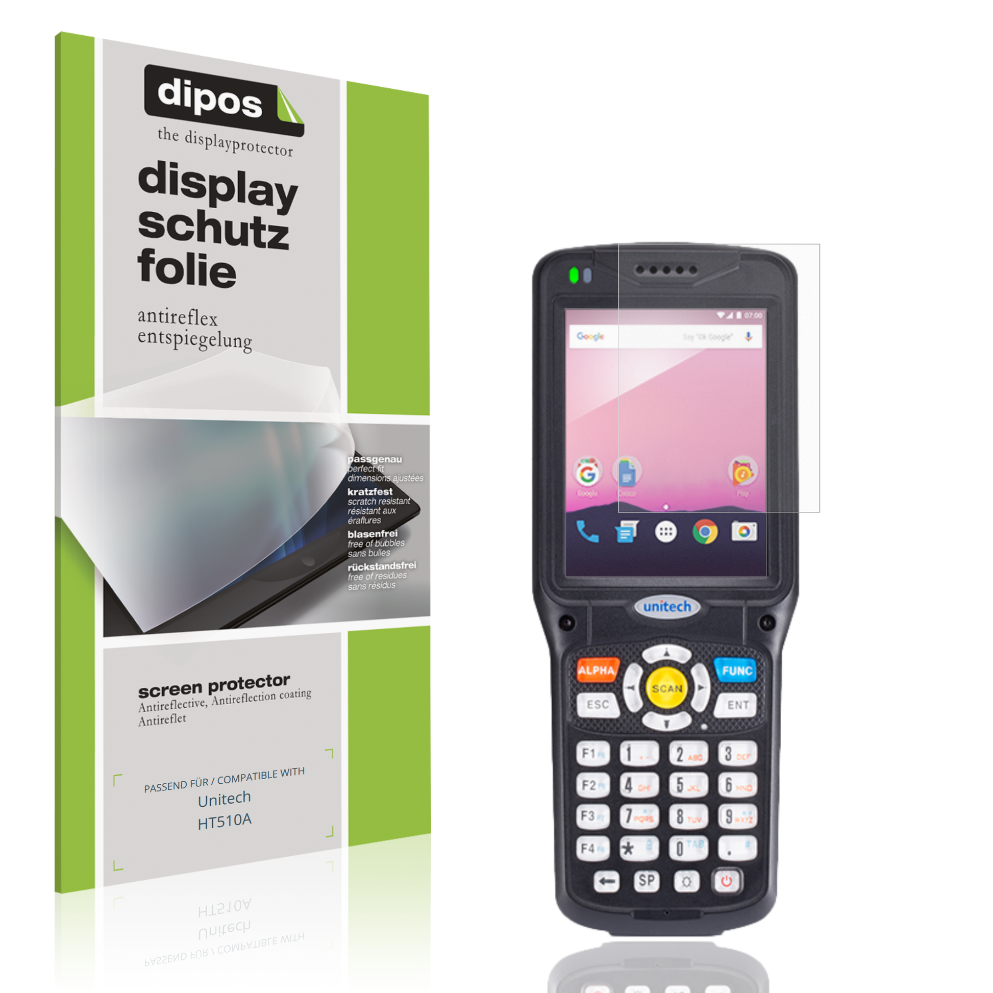 Matte Displayschutzfolie von dipos passend für Unitech HT510A, präziser Zuschnitt und blasenfrei montiert