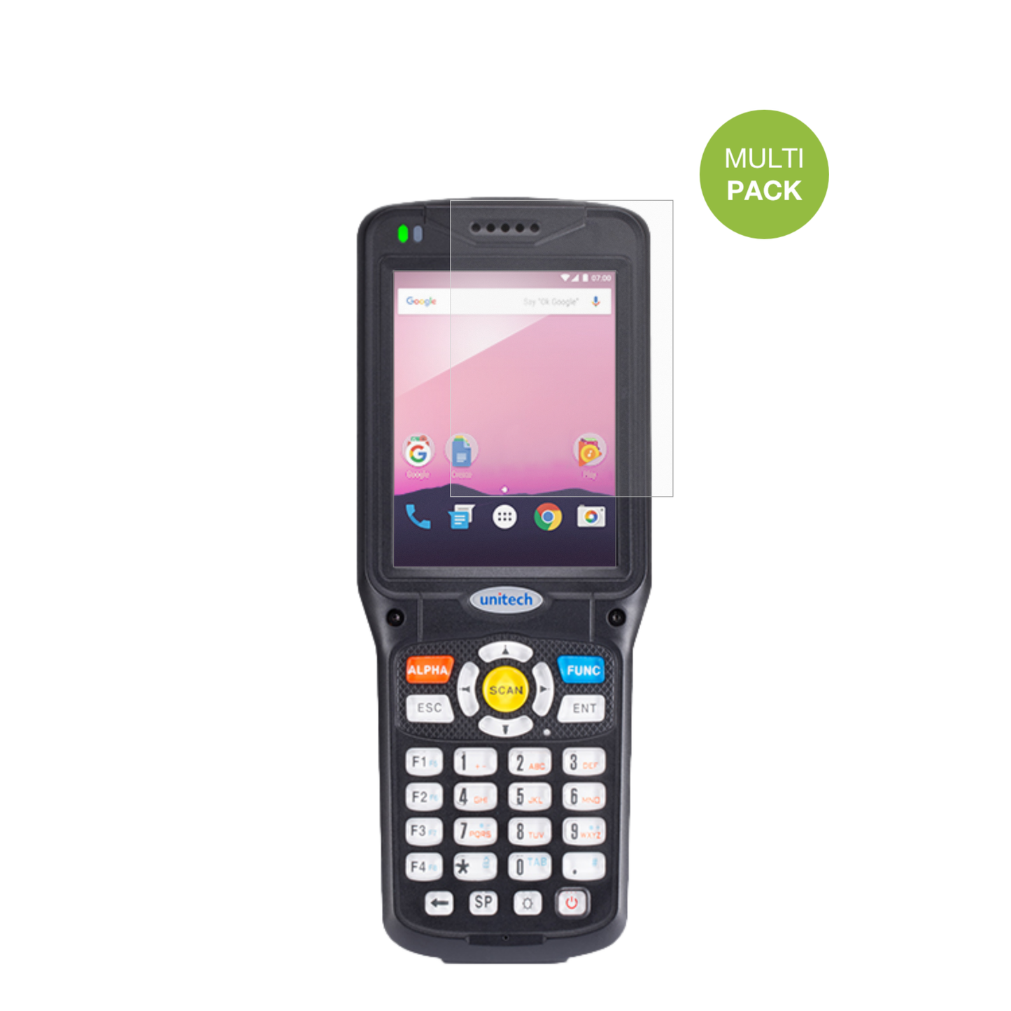 UnitechHT510A mit aufgebrachter dipos Displayschutzfolie, die lästige Fingerabdrücke minimiert