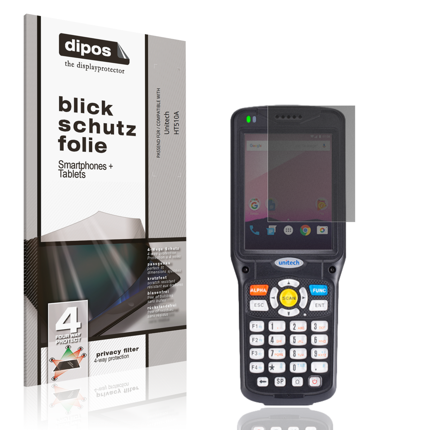 Blickschutzfolie von dipos passend für Unitech HT510A, präziser Zuschnitt und blasenfrei montiert