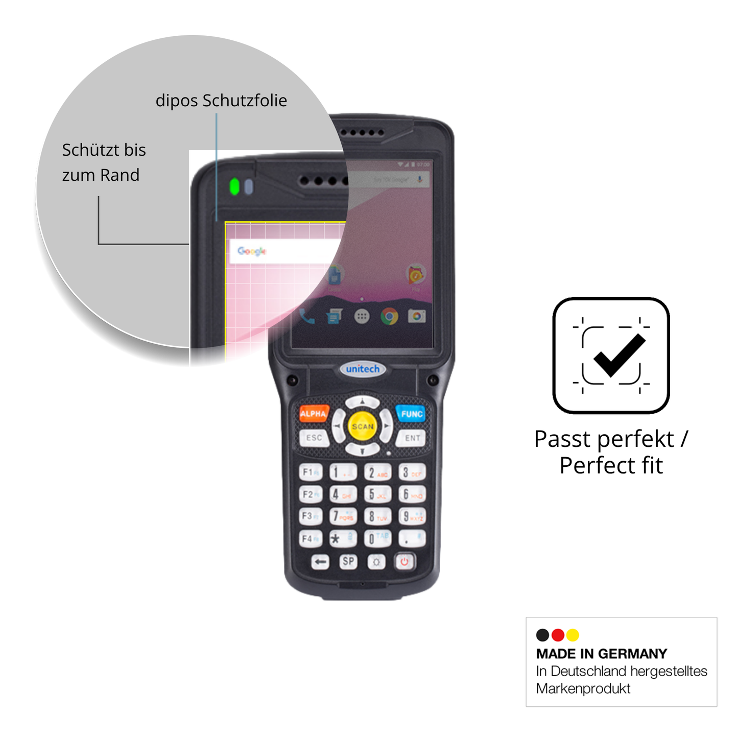 Schutz gegen Kratzer auf dem Unitech HT510A Glas durch Schlüssel oder Ähnliches